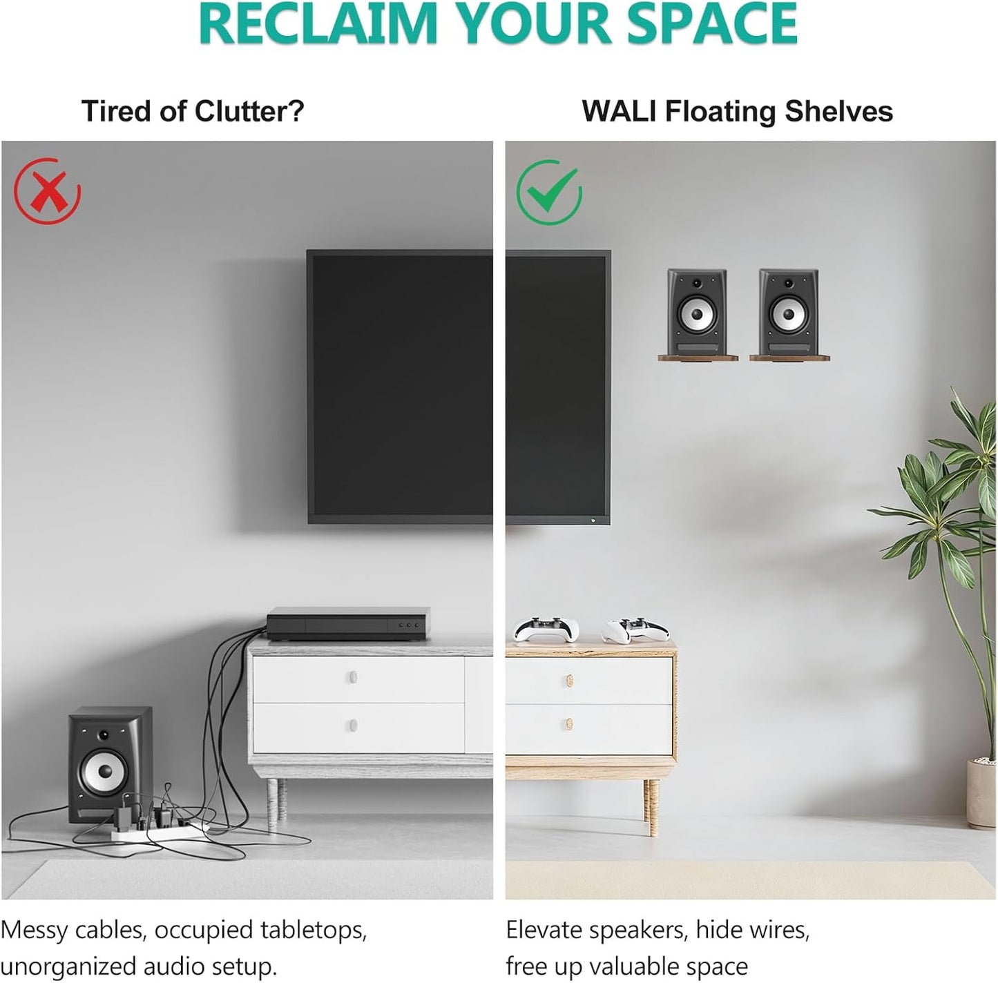WALI 55 Lbs, (SWM302), 1 Speaker Wall Mount, Heavy Duty Bookshelf Speaker Floating Wall Shelves, Surround Sound