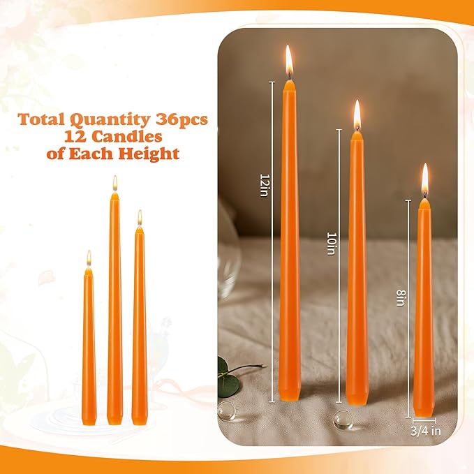 MTLEE Taper Candles 8/10/12 Multi Height Unscented Taper Candles 8 Burn Hours for Dinner Decorative Home Decoration Wedding Party Candlesticks(Orange,36)