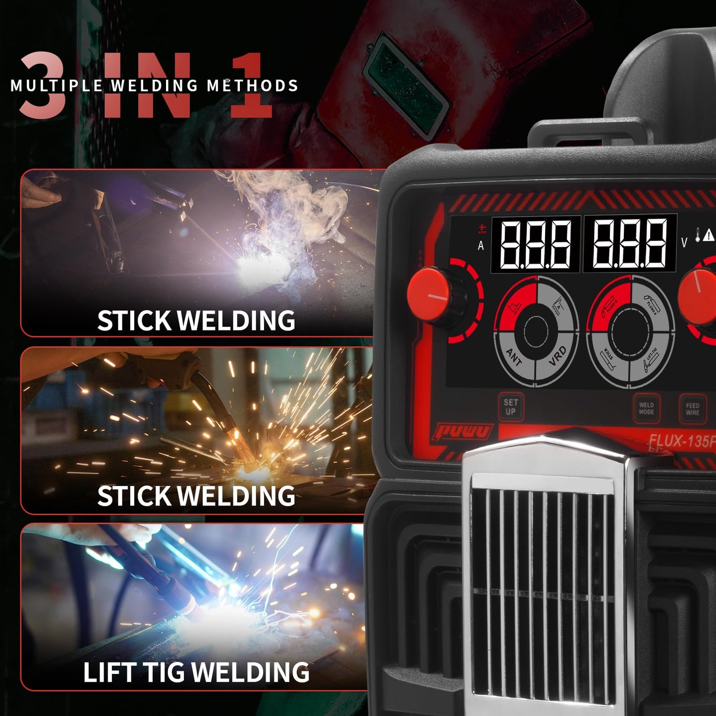 PUWU 135Amp 110V MIG Welder,Flux Core MIG/Lift TIG/Stick 3-in-1 Multiprocess Welder,IGBT Inverter Large LED Digital Display Welding Machine(BLACK)