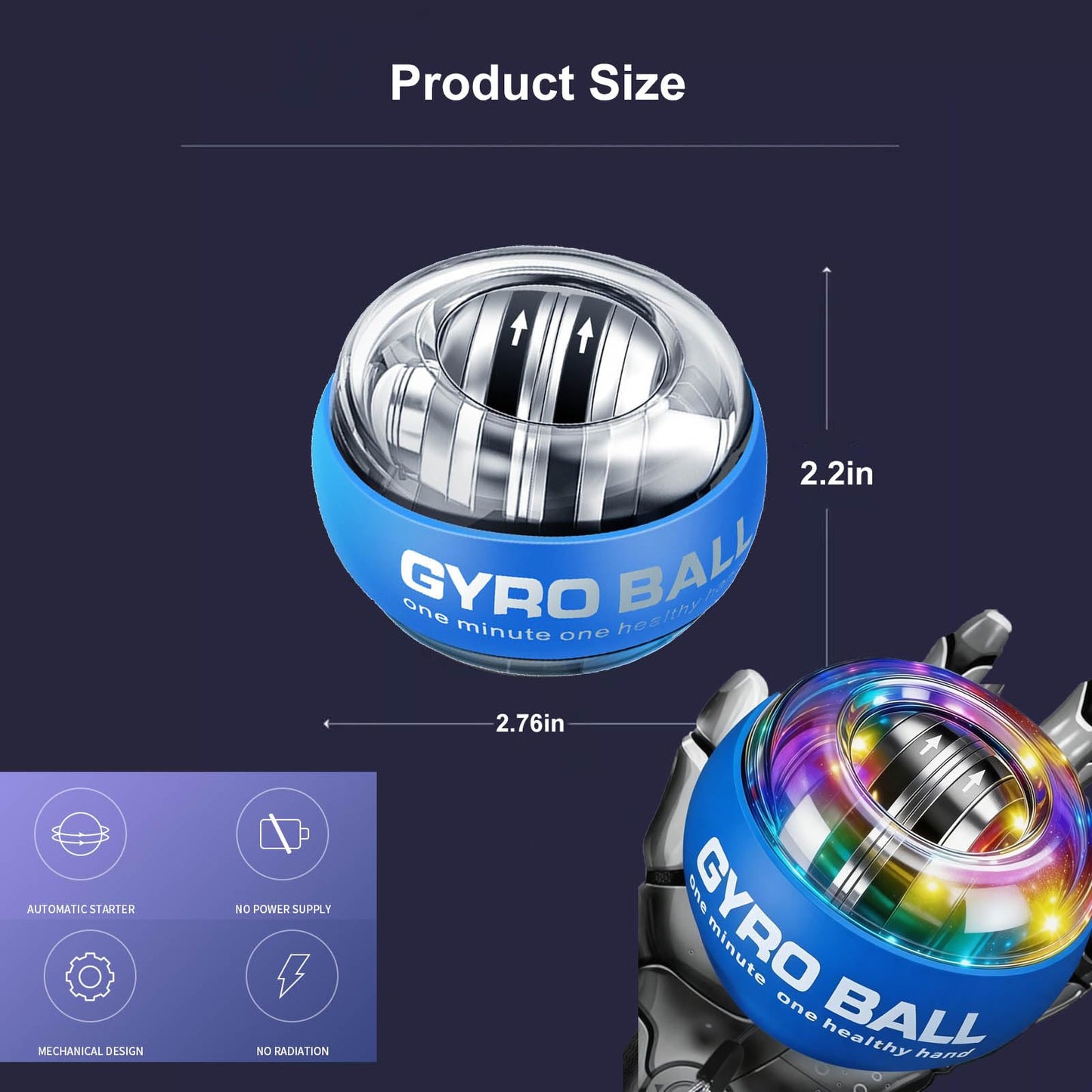 SQRUIHAO 2026 New Auto-Start Power Gyro Ball, Hand Wrist Forearm Trainer and Strengthener, Torque Balls Hand Exerciser with Led Light (with Ball Bag) (Blue)