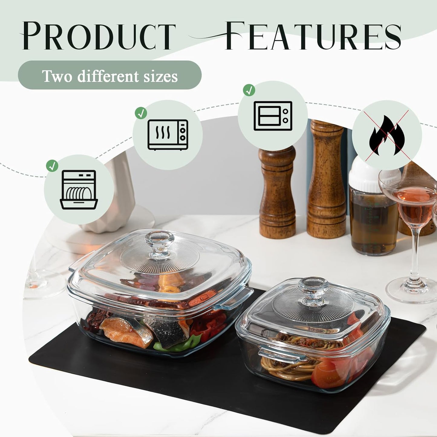 Teenyyou Glass Casserole Dish Set - 2 Pcs with Lid, Baking Gloves & Heat Resistant Mat | 1.5L & 0.8L