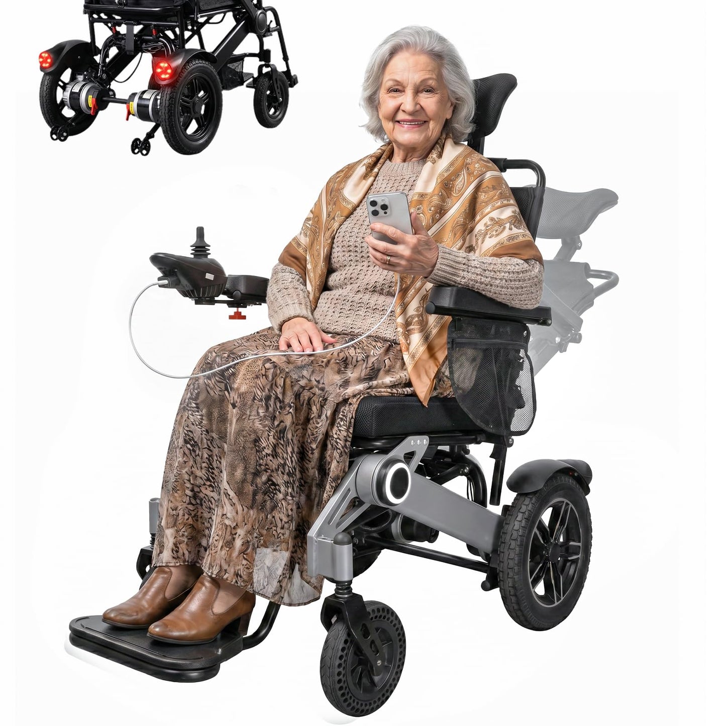 Electric Wheelchairs for Adults, Reclining Motorized Wheelchair with Tail Lights & 380LBS Capacity, 500W All-Terrain Foldable Electric Wheelchair Lightweight for Seniors with 19in Wide Seat, 15Miles