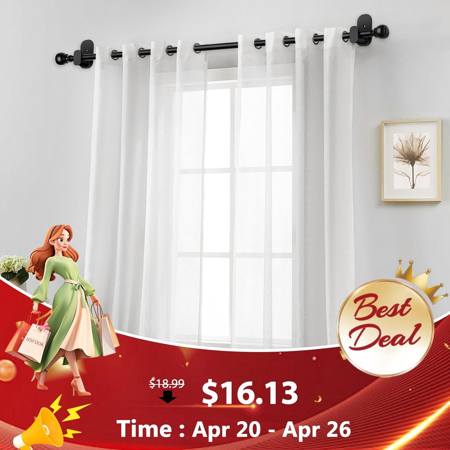 USFOOK No Drill Curtain Rods - 48 to 84 Inches | 5/8 Inch Adhesive Drapery Rod with Round Finials