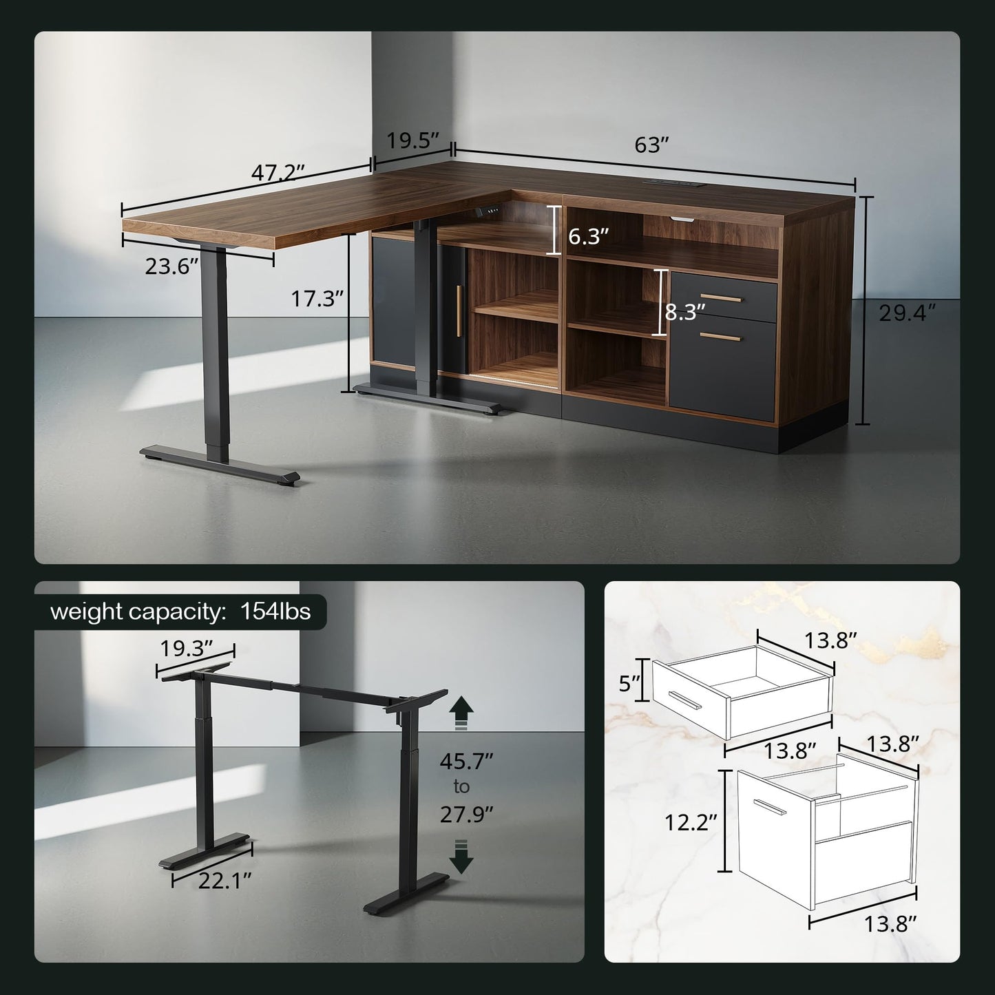 ModernMate 67" L Shaped Standing Desk, Electric Adjustable Height Executive Workstation for Home Office, File Cabinets, Built-in Outlets, Engineered Wood 1.18" Desktop, Alloy Steel Base, Black Walnut