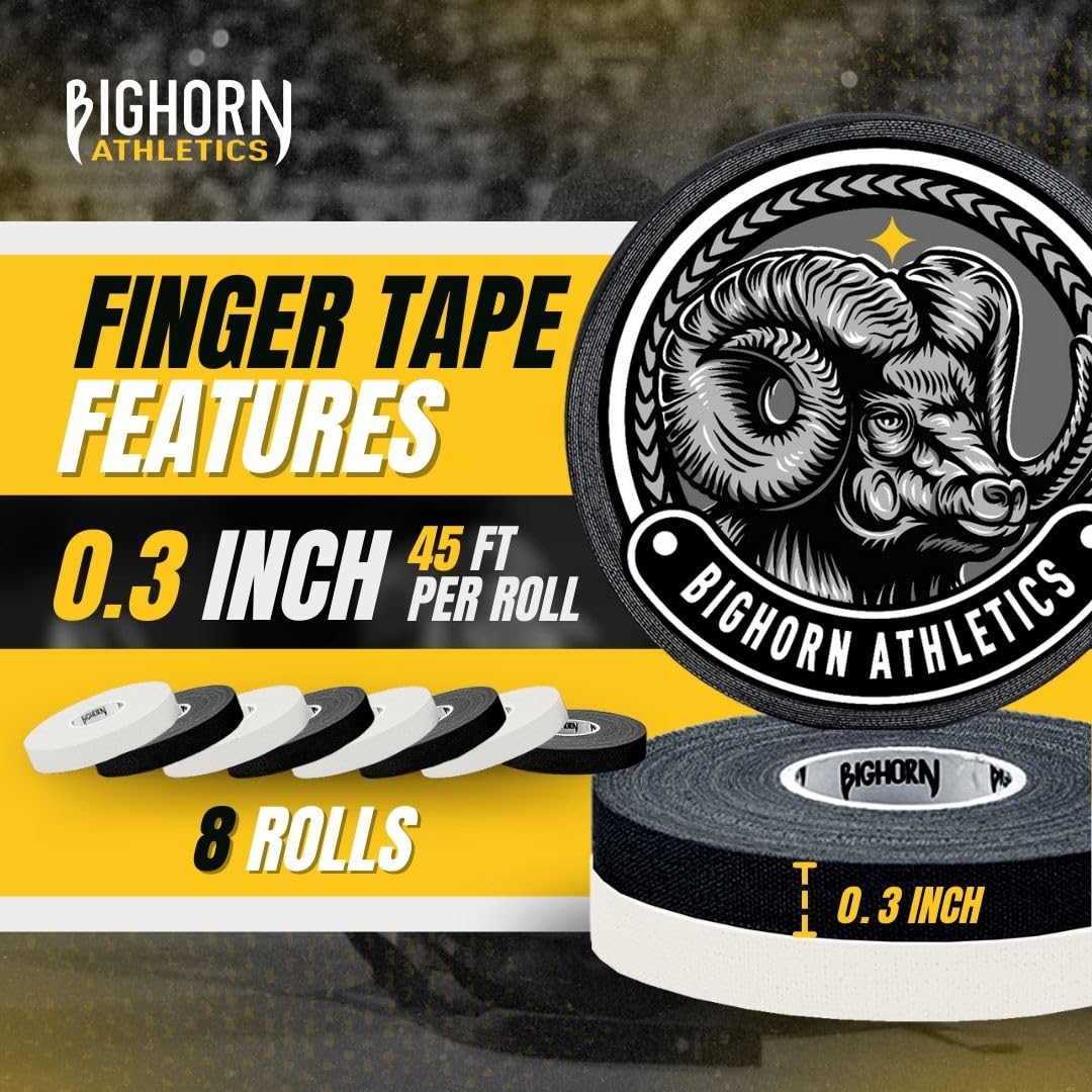 Bighorn Athletics Jiu Jitsu Finger Tape, 0.3-Inch x 45-feet, 8-Rolls | Residue-Free, Zinc Oxide Adhesive | Athletic Sports Tape for BJJ, Wrestling, Climbing, Volleyball, Hands & Toes | Black & White