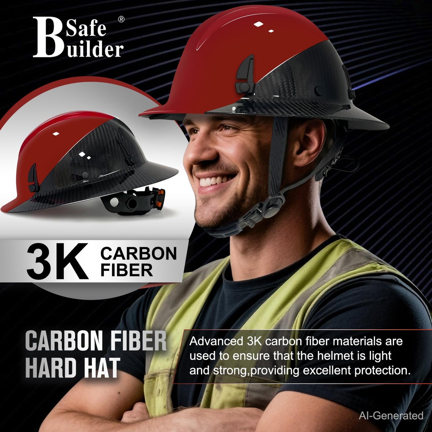 SAFEBUILDER Carbon Fiber Full Brim Hard Hats Made of Carbon Fiber Safety Helmet 6-Point Suspension ANSI Certified for Construction, Industrial, Outdoor Work (Carbon Fiber Hard Hats-A Red)