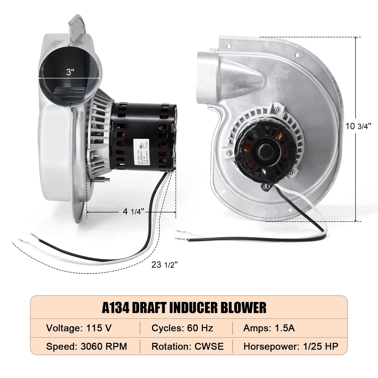 Criditpid A134 Furnace Draft Inducer Blower Motor for Fasco 1010975, 1010324, A172, Inter City 7021-9335, 7021-8735, 7021-9499, 7021-8736, Rotom FB-RFB383, 3.3" Shaded Pole Specific Purpose Blower