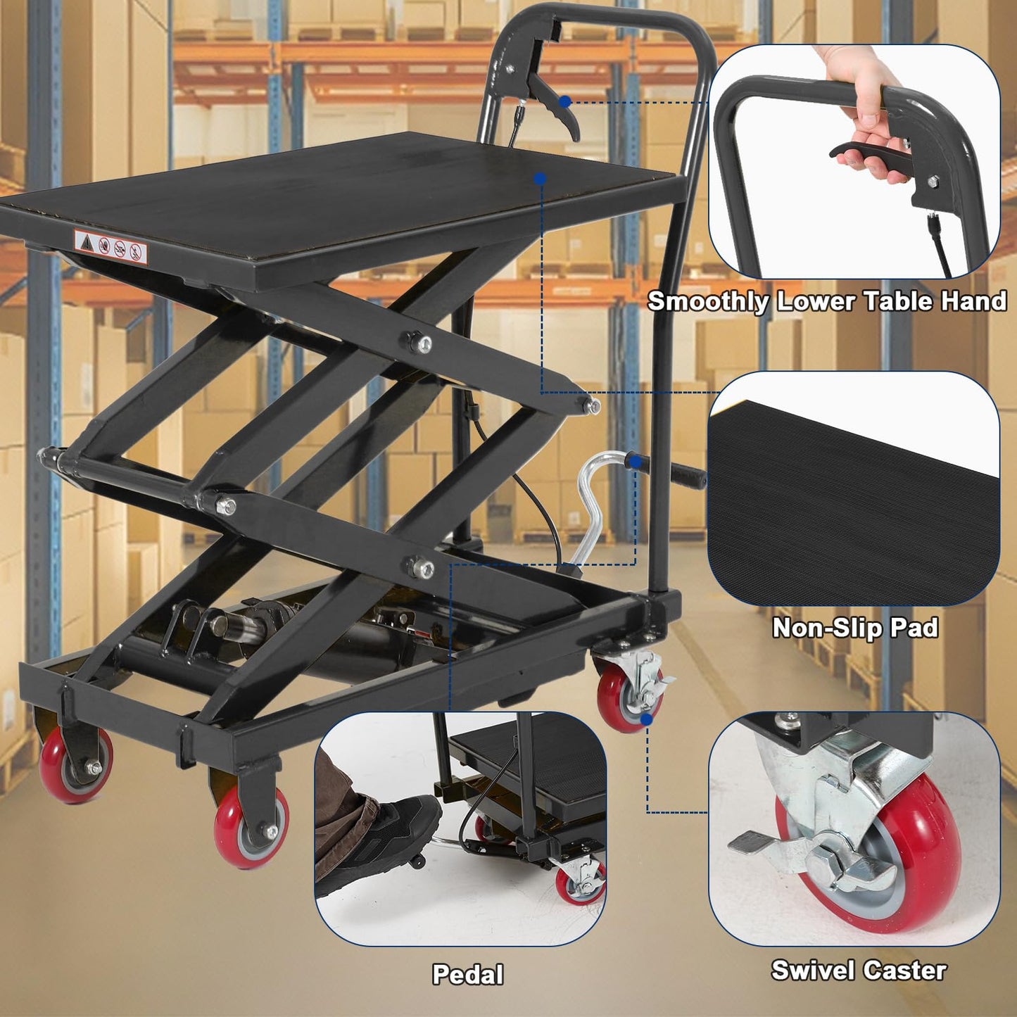 Hydraulic Lift Table Cart, Double Scissor Manual Lift Cart, 12-50.5 in Lifting Range, 330 LBS Capacity, Industrial Lifting Table with Wheels for Warehouse Shop,Black