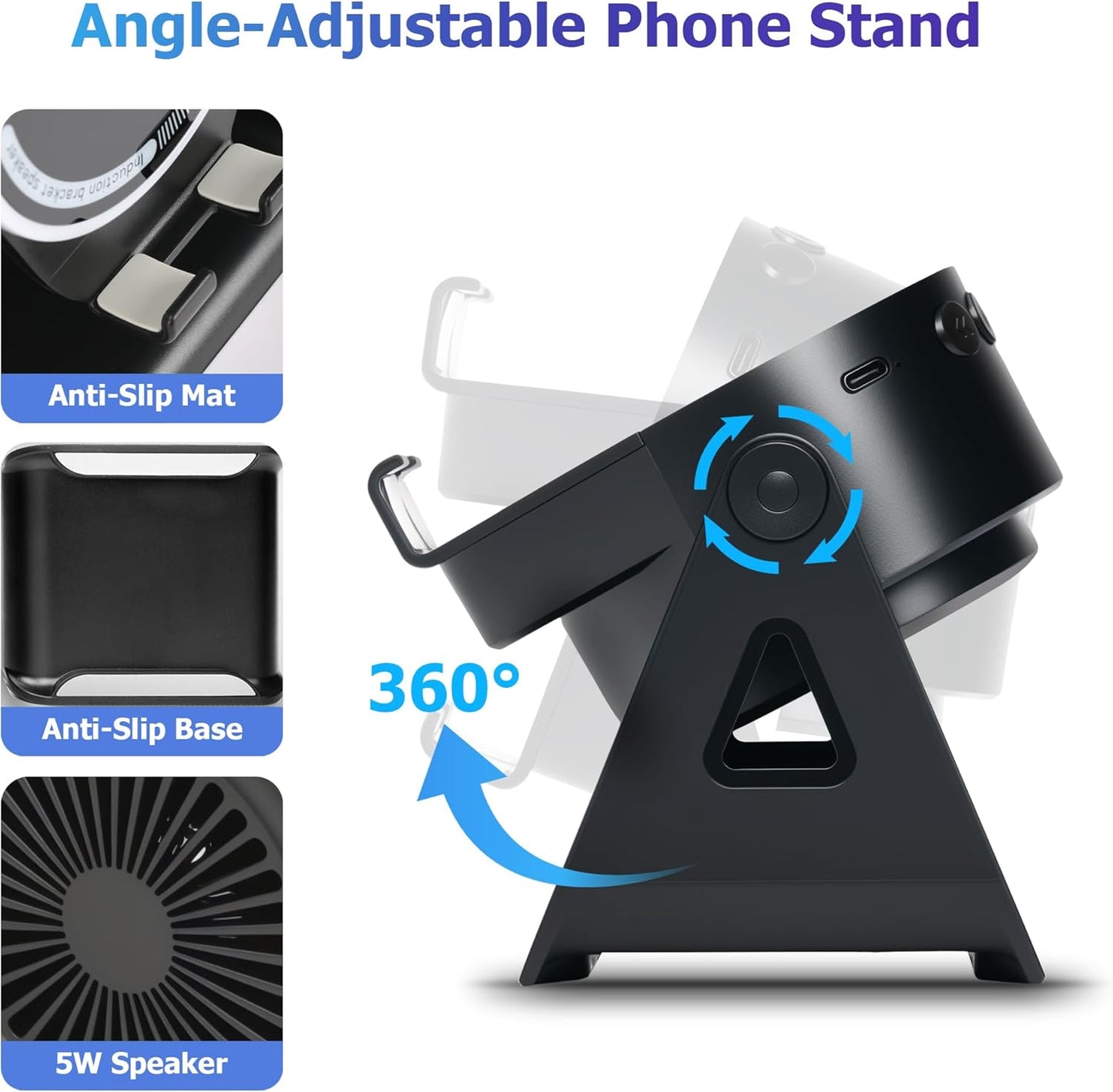 Cawinii 4-in-1 360 Wireless Induction Bluetooth Speaker, with Rotating Phone Holder and RGB Ambient Light
