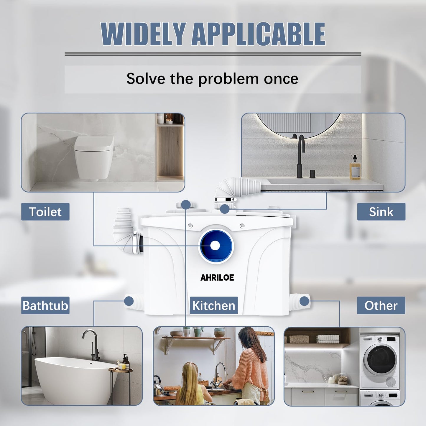 900W Macerator Pump, Macerating Toilet System with 2 Outlets/5 Inlets, Sewage Pump for Basement, Sink, Toilet, Laundry, Kitchen