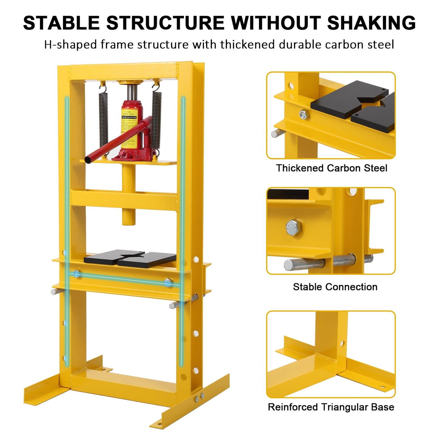 GarveeTech Hydraulic Press 6 T Hydraulic Shop Press, H-Frame Garage Floor Benchtop Press Adjustable Shop Press with Plates, Adjustable Working Table Height, for Gears and Bearings, Yellow