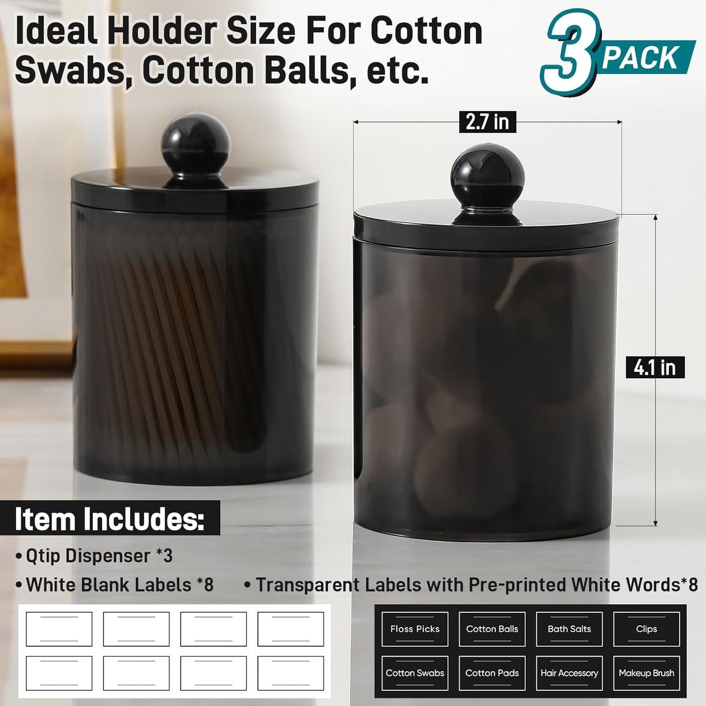 Skiennix Acrylic Qtip Holder Dispenser - Clear Plastic Canister Set for Cotton Swabs & Makeup Storage | 3 Pack