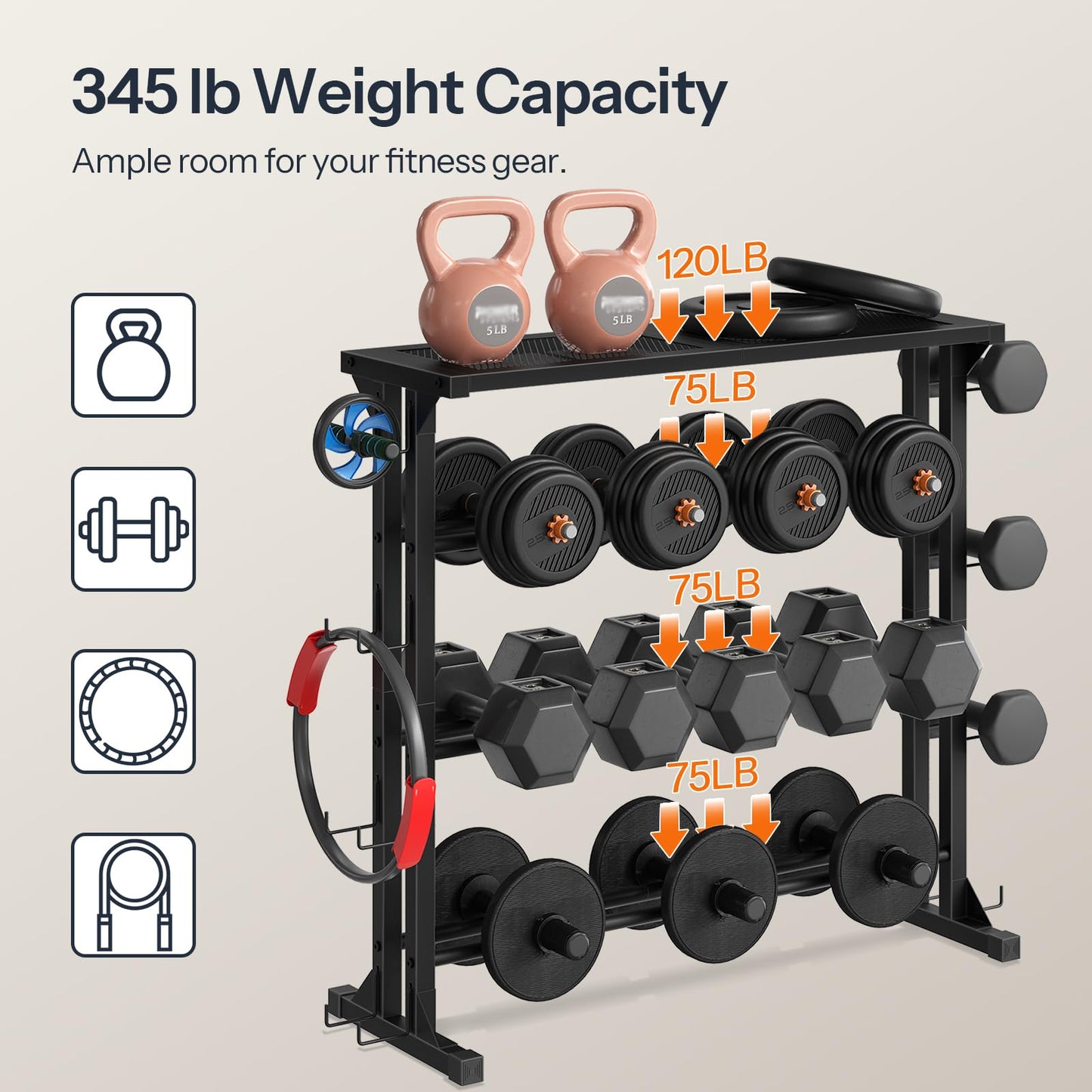HOOBRO Dumbbell Rack - 4 Tiers Weight Rack for Home Gym, Heavy Duty Weight Storage Racks for Dumbells, Kettlebells, Barbells, Space-Saving Dumbbell Storage Stand Holder with Side Hooks, Black BK87CJ01N1