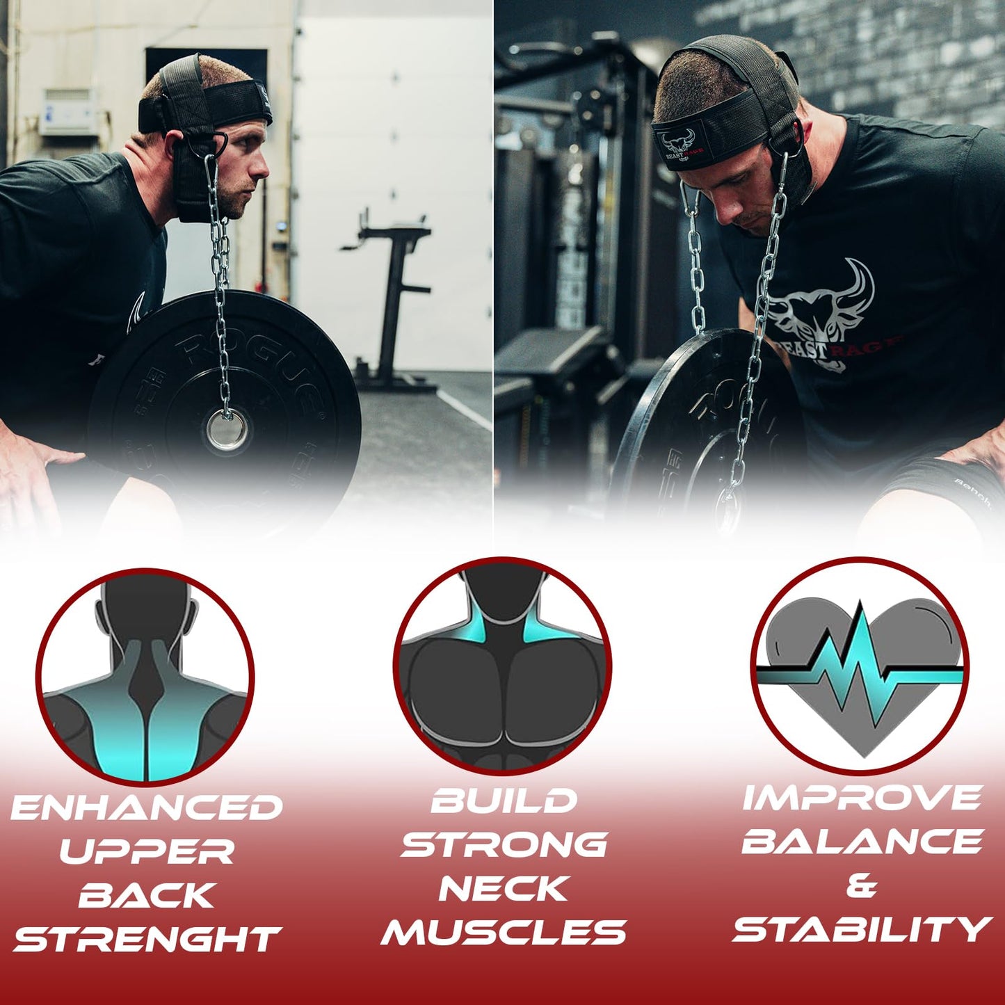 BEAST RAGE Neck Harness for Men, Long Steel Chain 30 inches Weightlifting Head Trainer Adjustable Strap Workout Muscle Strengthener Gym Training Ladies Chin Weight Training Padded Support (Black)