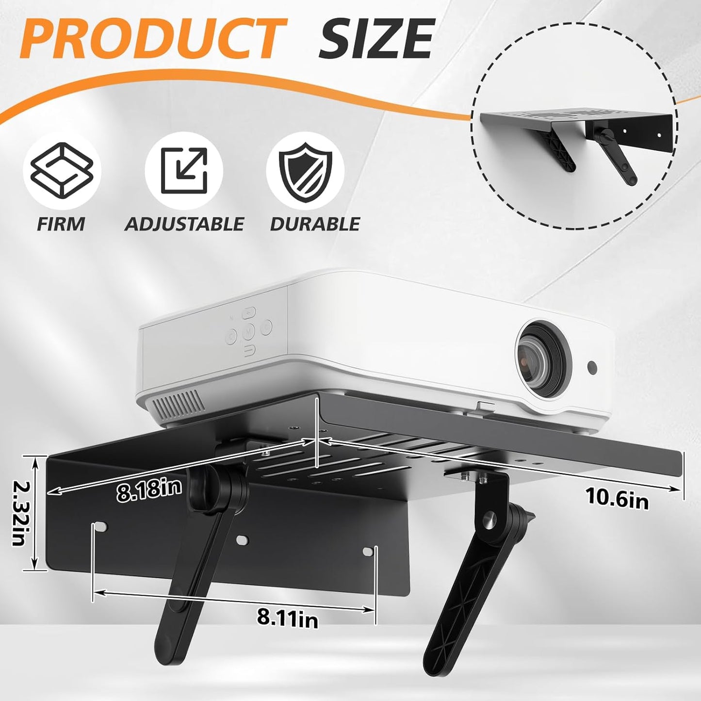 ElaraBerry 10.6 8.2 Inch No Drill Metal Projector Shelf for Wall Mounted, x Adjustable Angle Projector Stand for Sofa