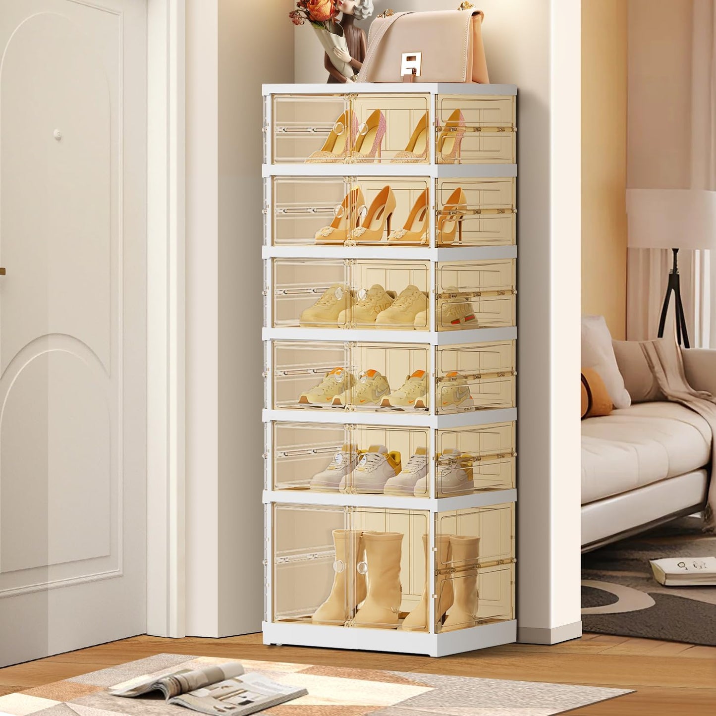 EHAMILY 6 Tiers 6-12 Pairs Foldable Shoe Boxes Large Plastic Shoe Storage Rack Collapsible Shoe Organizer for Closet Tall Shoe Shelf Clear Stackable Shoes Cabinet with Doors Entryway