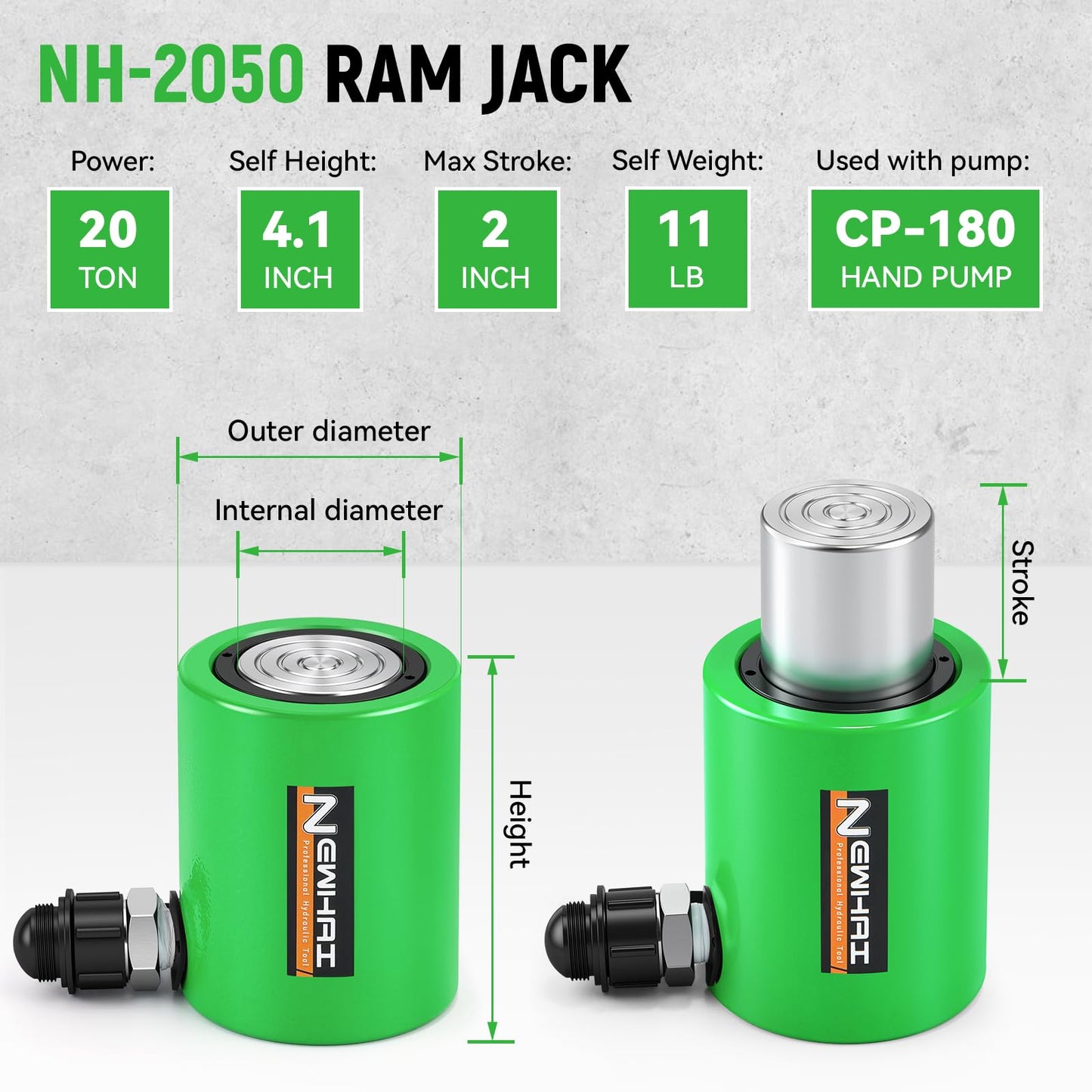 Newhai Hydraulic Porta Power Kit 20 ton Hydraulic Ram Jack + cp-180 Hand Pump Hydraulic Lifting Cylinder Tool Retract Automatically for Industrial Factory DIY Use
