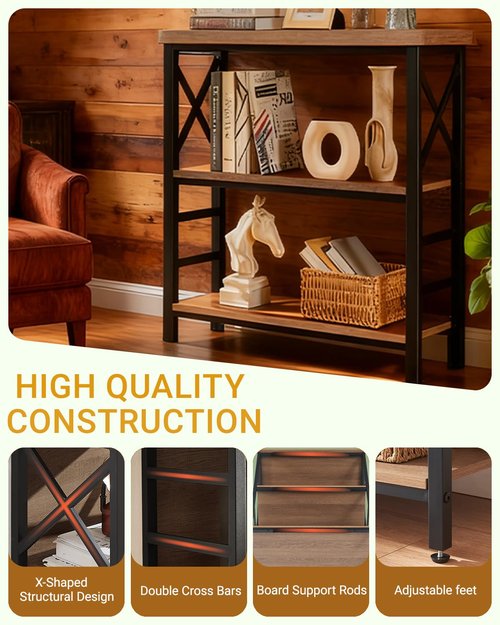 MNEETRUNG Book Shelf, Small 3-Tier Industrial Bookshelf with Strong Metal Frame & Backboard, 29.5" Short Bookcase for Small Spaces, Living Room, Bedroom and Home Office, Brown
