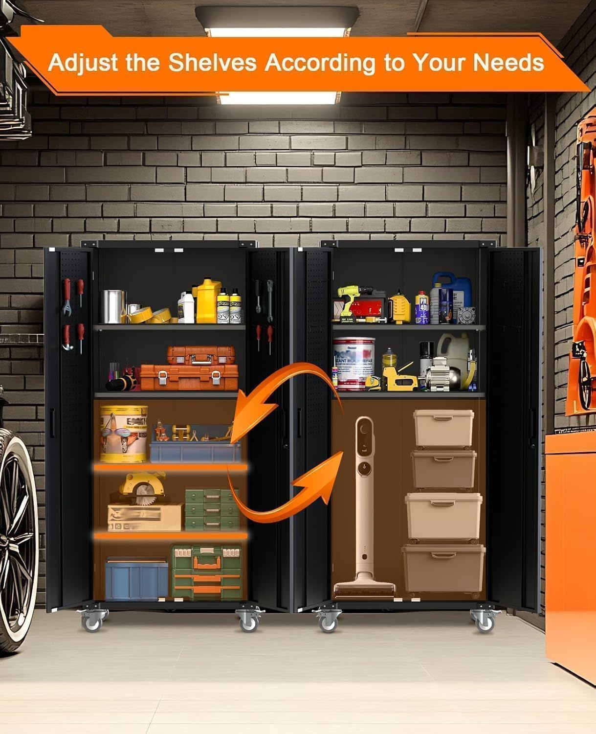 IDEALHOUSE 72" Tall Garage Storage Cabinet – 600 Lb Capacity Metal Tool Cabinet with Magnetic Lock, 4 Adjustable Shelves & Wheels, Heavy-Duty Steel Storage for Workshop, Home & Office