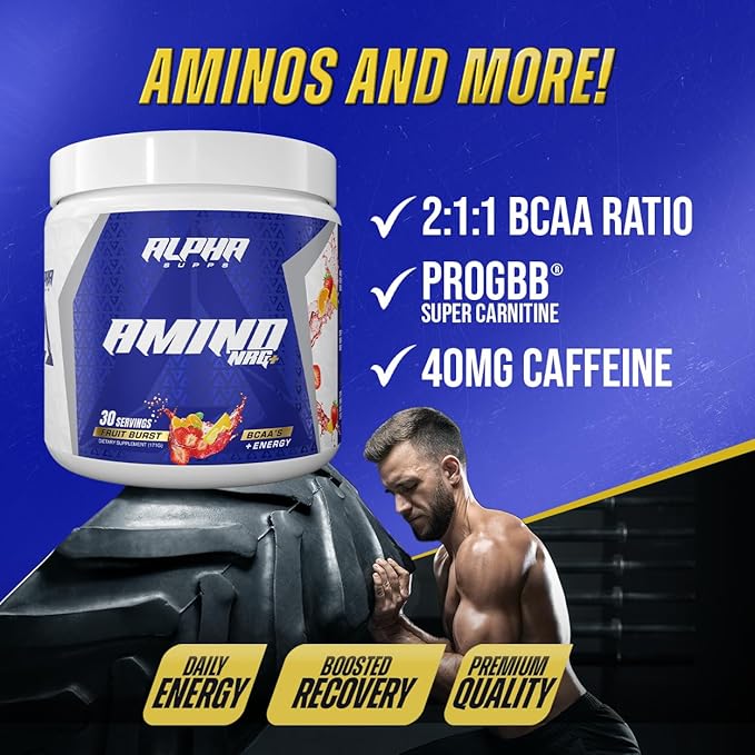 Amino NRG+ BCAA Amino Energy Recovery Powder - Hydration Blend with Electrolytes - Focus Blend for Optimal Performance Support in Men & Women (30 Servings, Fruit Burst)
