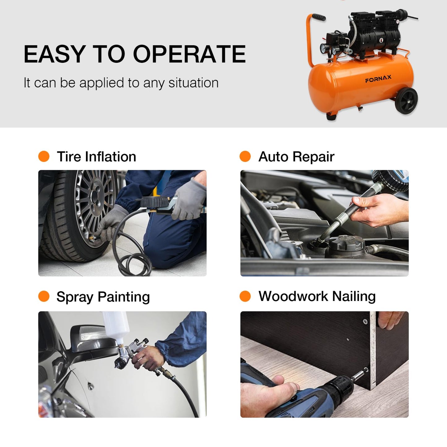FORNAX 8 Gallon Air Compressor, 1HP 2.2 CFM, Max 125 PSI Oil-Free Air Compressor Tank, 70 dB Ultra Quiet Compressor for Nail Guns, Tire Inflation, and DIY Home Projects