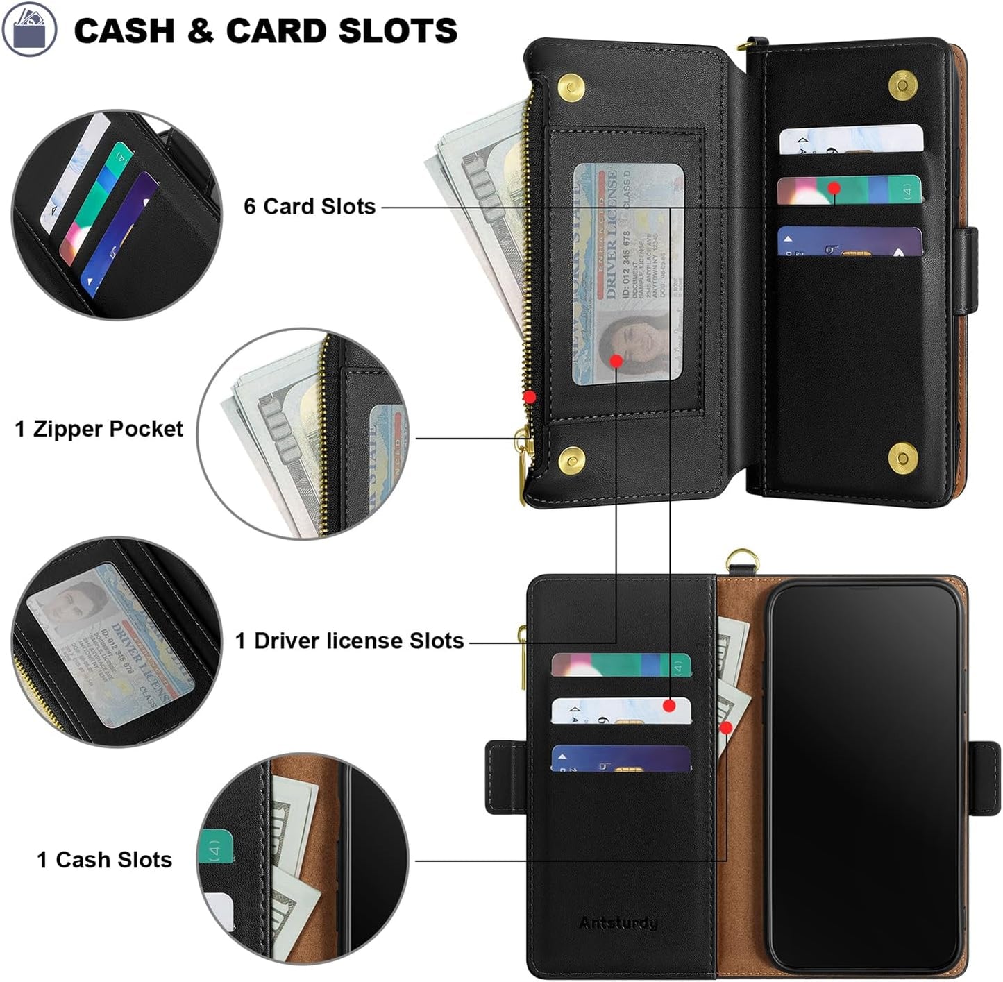 Antsturdy 15 15 6.1",(Black) Compatible with iPhone Wallet Case Card HolderRFID Blocking PU Leather Phone Case Women