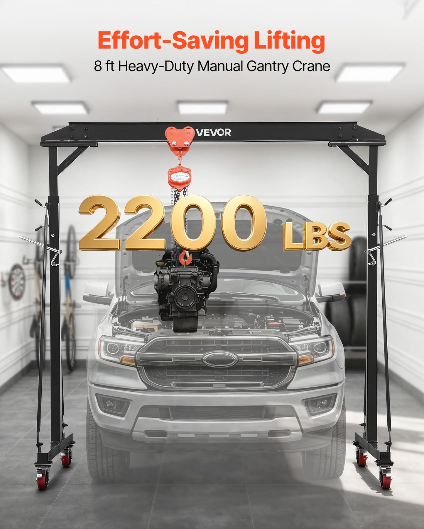 VEVOR Adjustable Gantry Crane, 2200 lbs Capacity, Portable Shop Lift Hoist with 95.7-142.9 in Height Adjustable, Manual Trolley, Hoist, Sling, Shackles, Hooks, for Garage Factory Warehouse Auto Repair