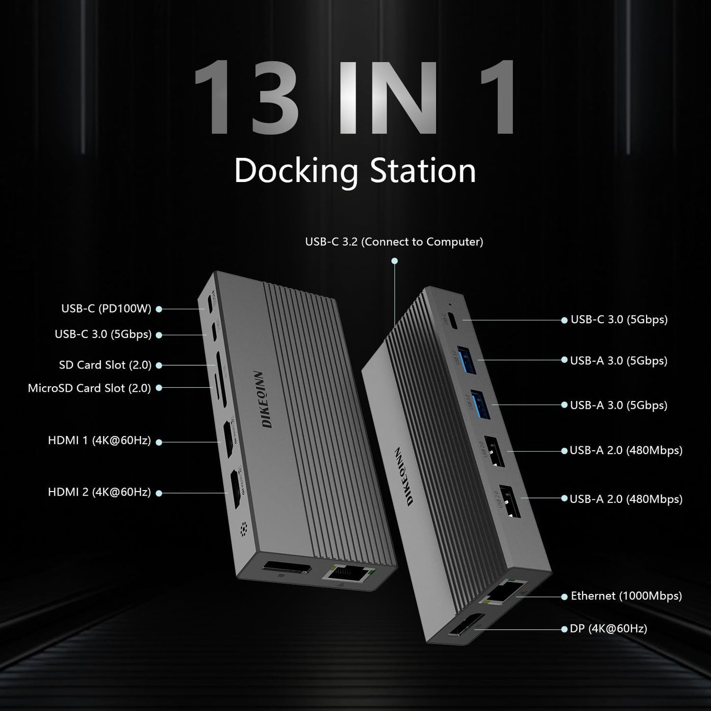 DIKEQINN 13-in-1 4K 100W 5Gbps USB C Docking Station: Triple Display, Power Delivery, Data Ports, SD/MicroSD Slot