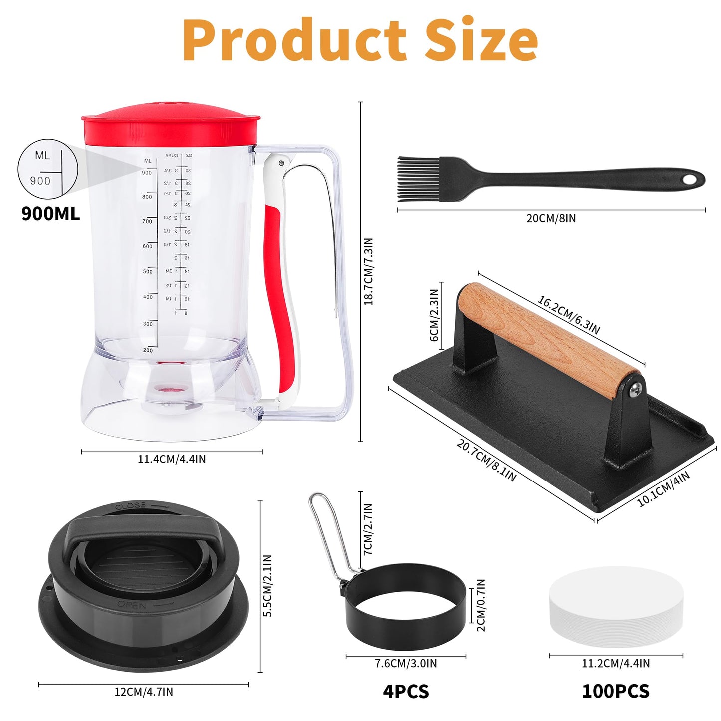 Blackstone Breakfast Kit Pancake Batter Dispenser 9PCS Griddle Accessories Set - Included Pancake Batter Dispenser Bacon Press Egg Rings Hamburger Press Patty Maker Brush and Oil Separating Paper