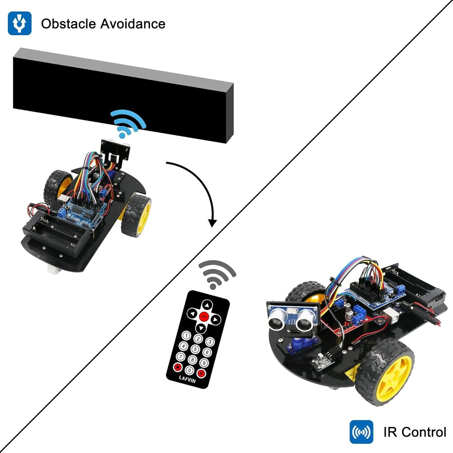 2WD R3 LAFVIN Smart Robot Car Chassis Kit with Ultrasonic Module Board,Remote Compatible with Arduino IDE DIY Kit