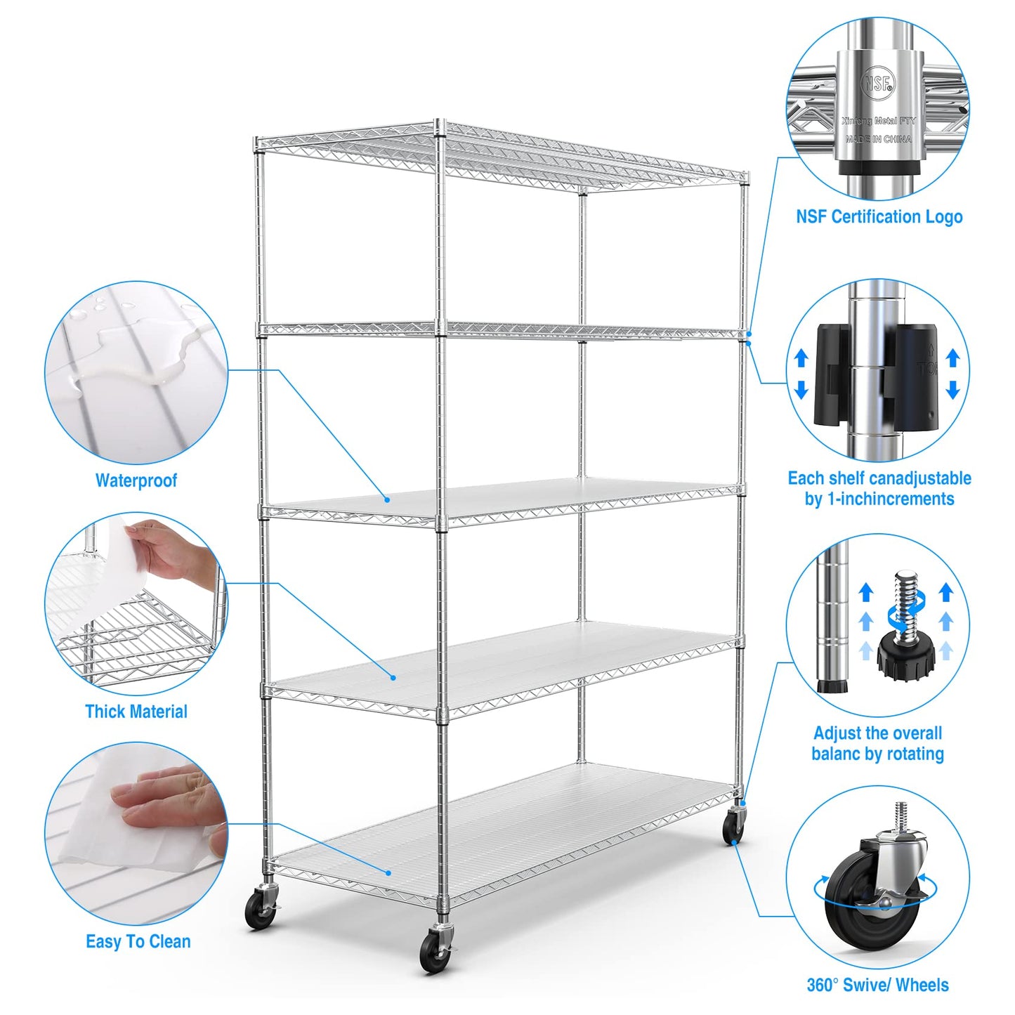 5 Tier 7500lbs Capacity NSF Metal Shelf Wire Shelving Unit, Heavy Duty Adjustable Storage Rack with Wheels & Shelf Liners for Commercial Grade Utility Steel Storage Rack, Chrome - 82"H x 60"L x 24"D
