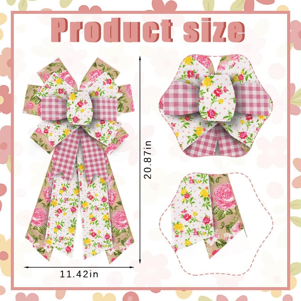 ALIBBON Large Spring Bows - Pink Buffalo Plaid Burlap Flower Bows for Wreaths & Crafts | Indoor/Outdoor Decor