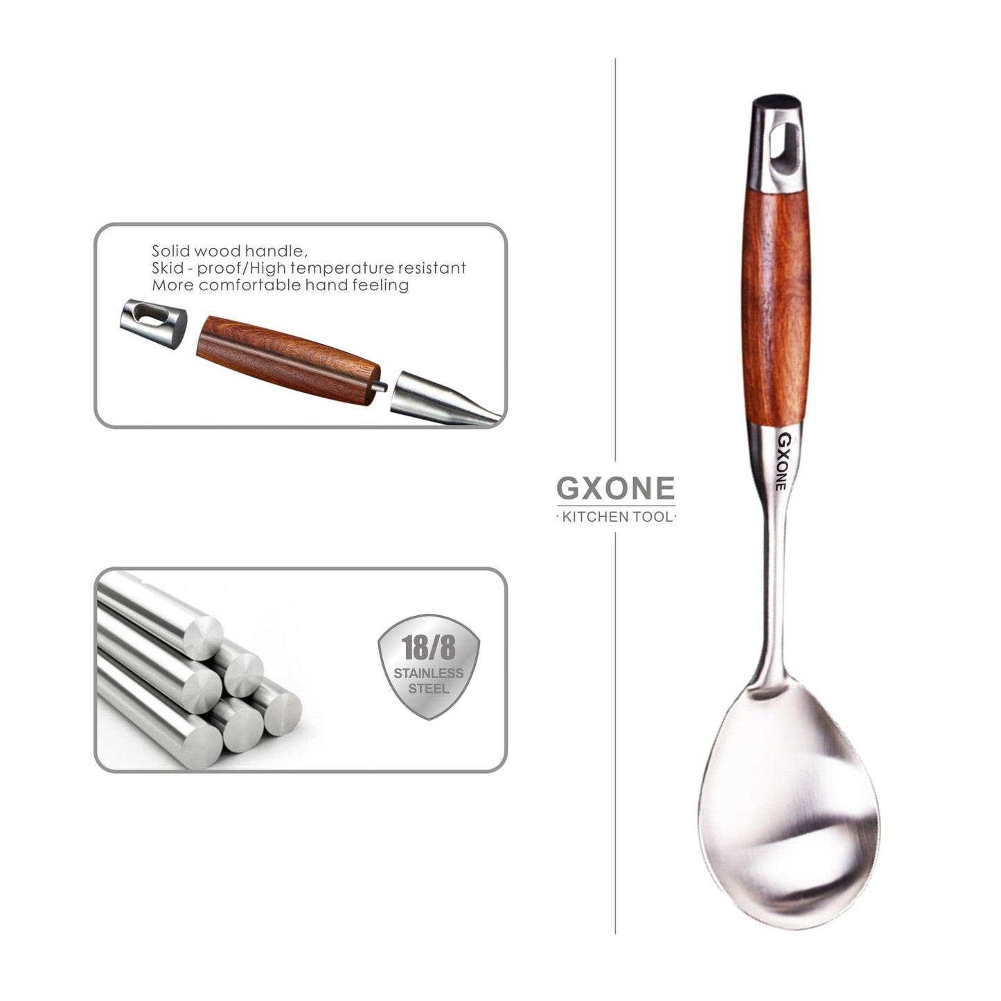 GXONE Large Serving Spoons,304 Stainless Steel Cooking Spoon with Heat Resistant Wooden Handle,Silver/12.4Inch