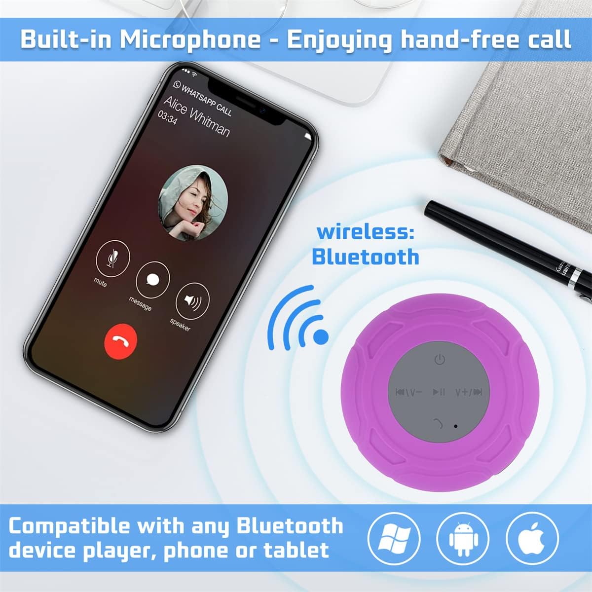 Annlend Mic,4hrs Bluetooth Shower Speaker Waterproof Wireless Mini Small Cute Portable Water Resistant Bathroom Speaker