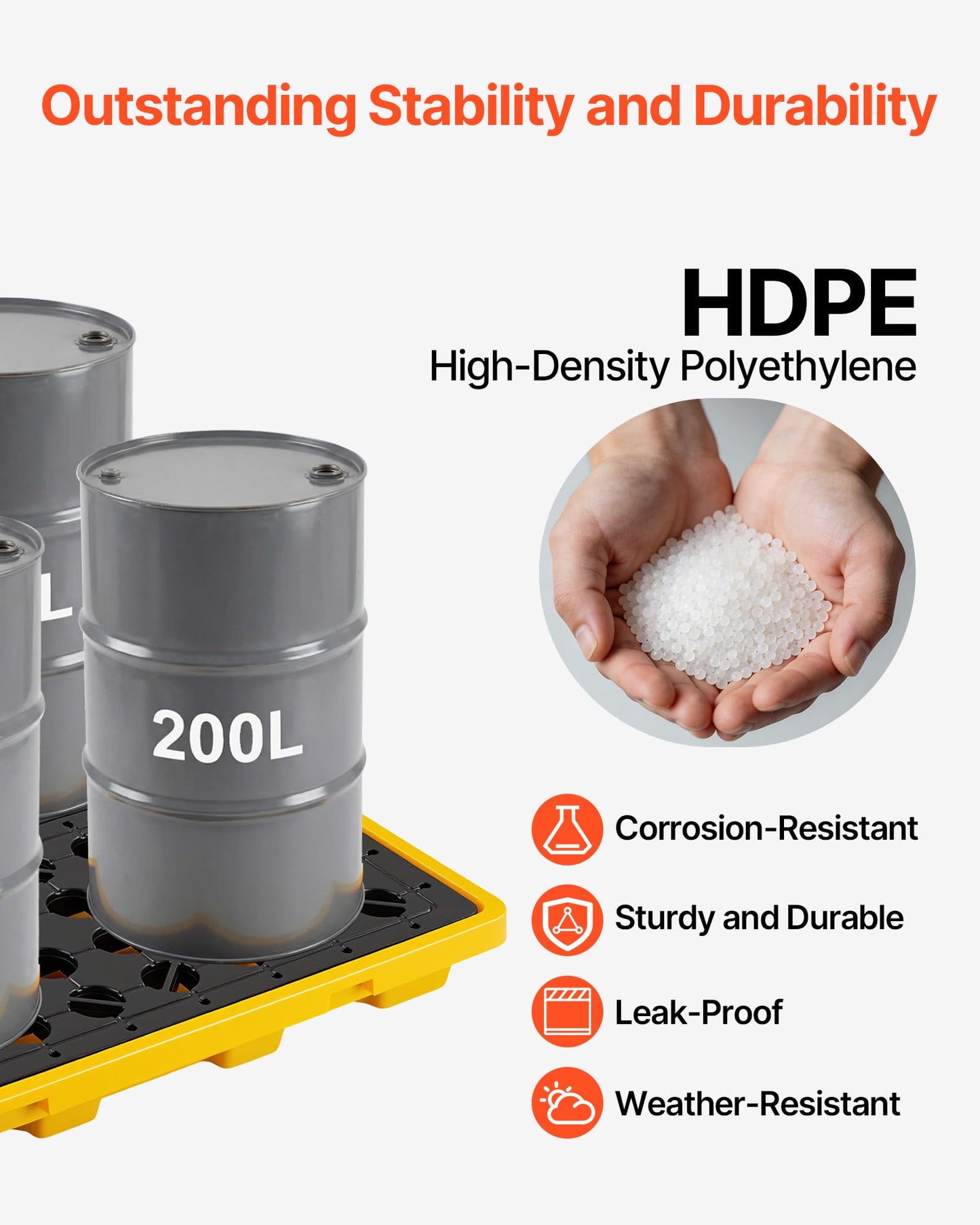VEVOR Spill Containment Pallet, 4 Drum Low Profile Spill Containment Modular Platform, 31 Gallon Sump, 8818 lbs Load Capacity, Heavy-Duty Polyethylene Tray with Drain, 51.4" x 50.4" x 5.9", Yellow
