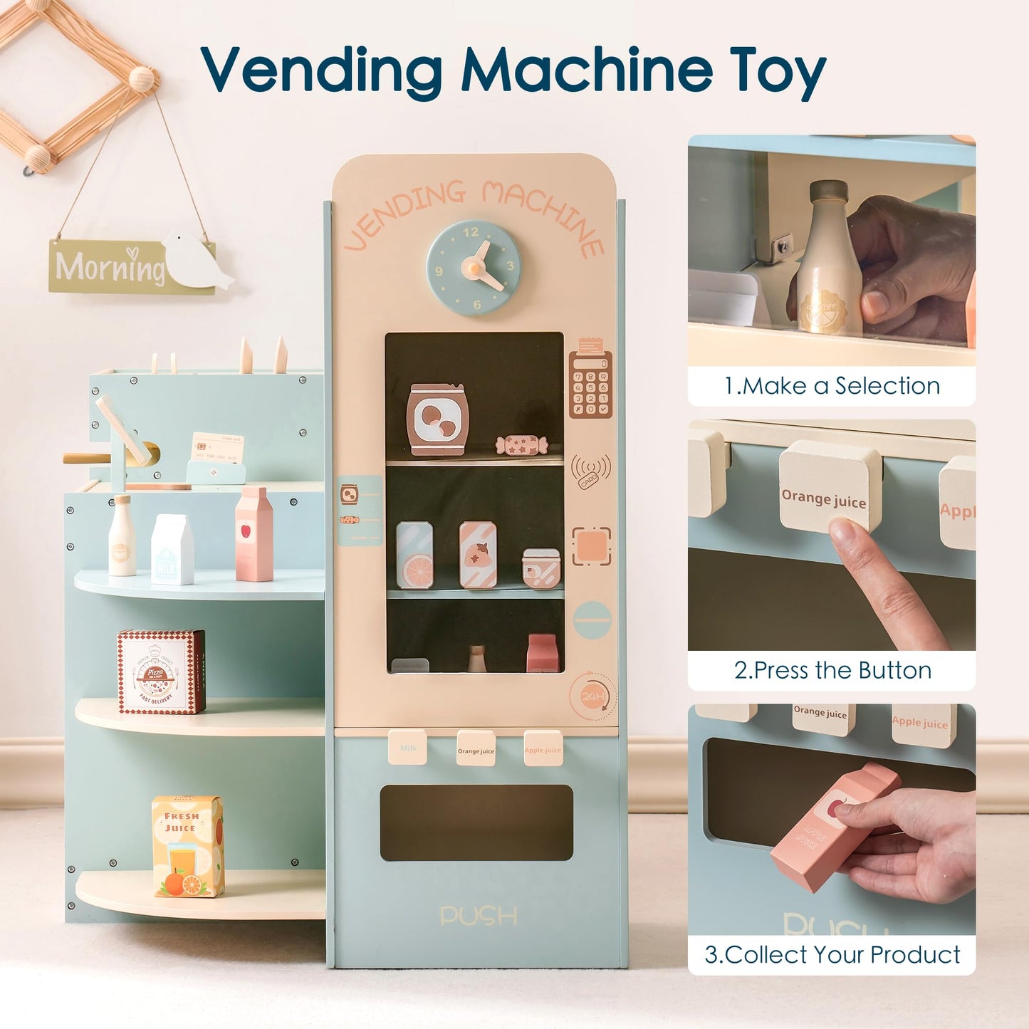 ROBOTIME Wooden Grocery Store Playset for Kids, Pretend Supermarket with Cash Register and Vending Machine, Grocery Toy Set for Toddler Boys and Girls