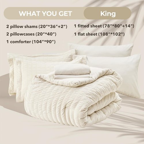 HYMOKEGE King Size Comforter Set - Luxurious Ivory Seersucker 7-Piece Bedding Set for All Seasons
