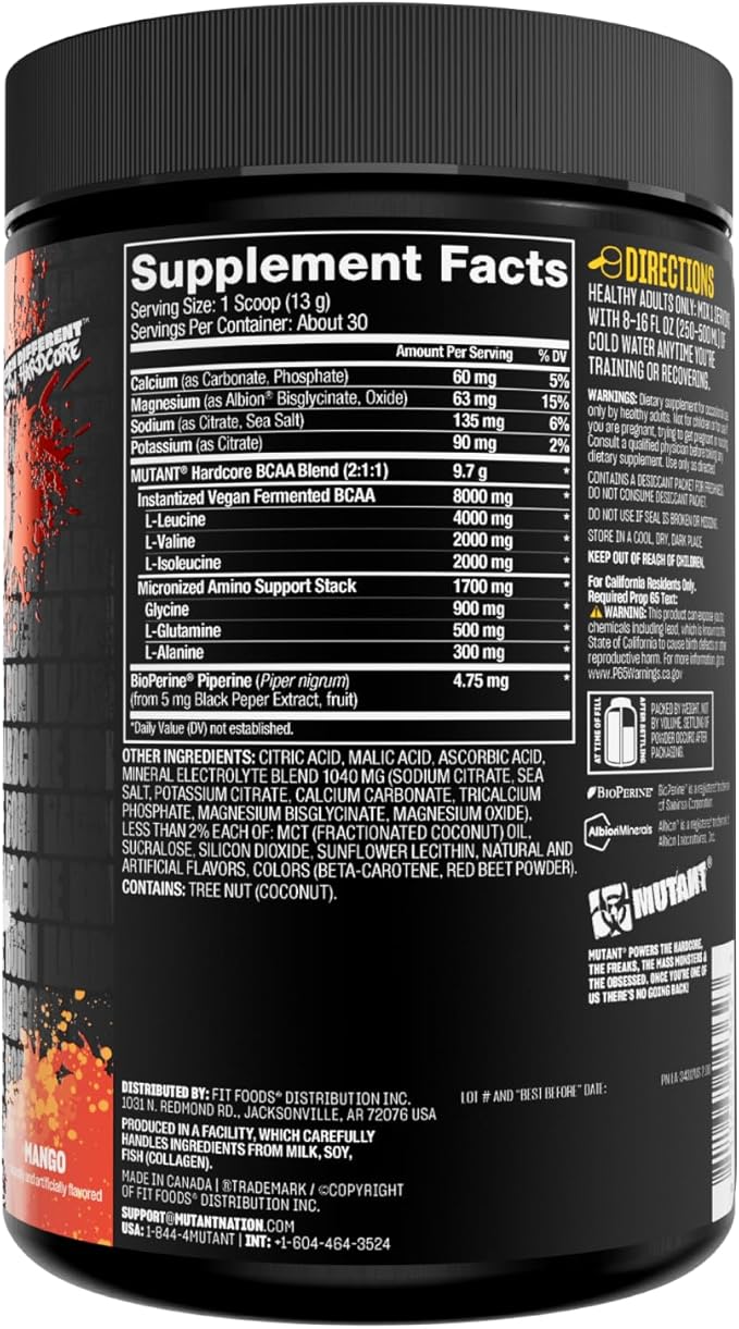 Mutant Hardcore BCAA - Pre, Intra or Post Workout ??BCAA Next Level branched-Chain Amino Acids Supplement ??Hydration + Recovery - 30 Serving - Mango