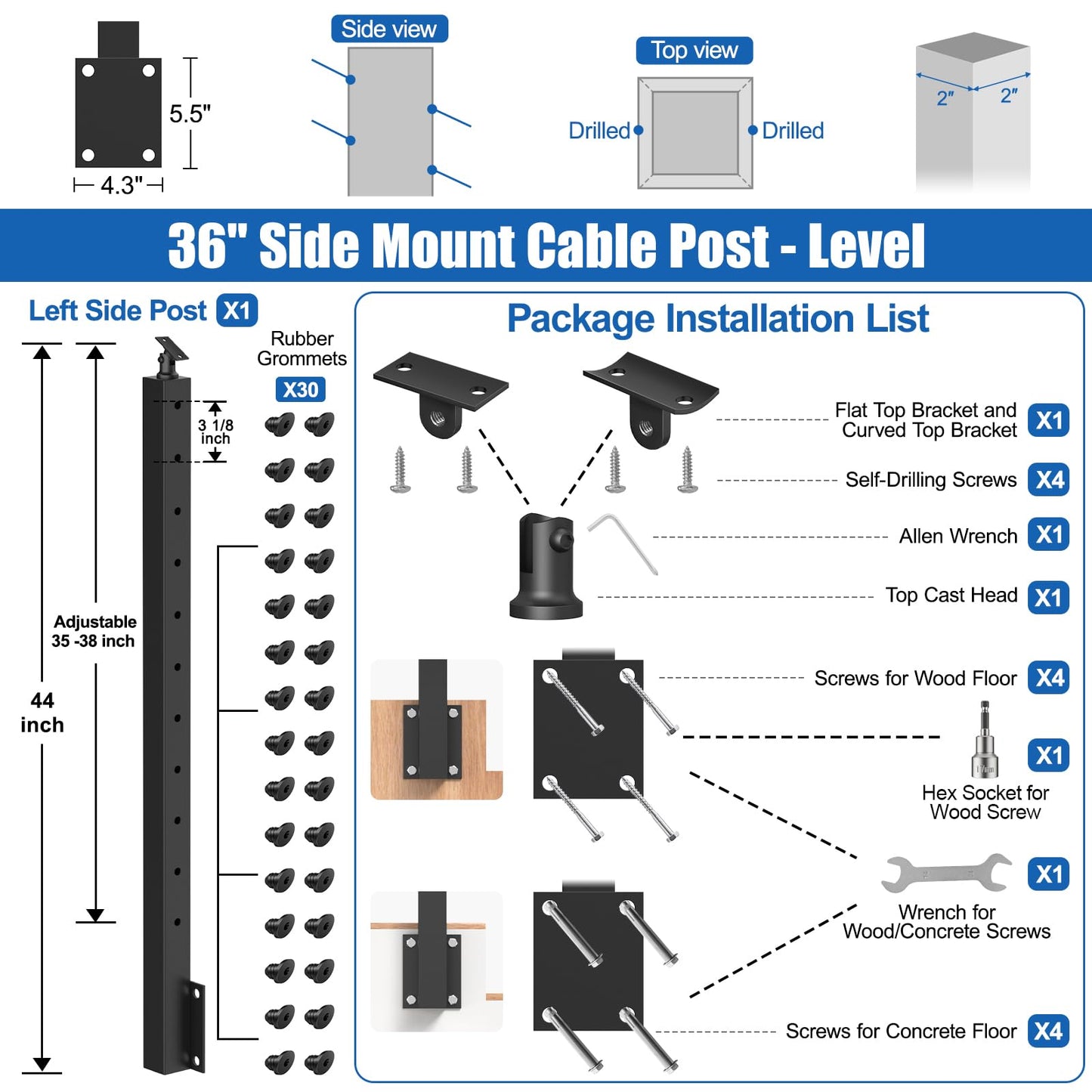 CKE Black Side Mount Stair Cable Railing Post 36 Inch (Post 44"x2"x2") for 25-35 Degrees Stair Railing, Left Side Space-Saving Stainless Steel Cable Railing System Kit Stair Post Indoor Outdoor SP03