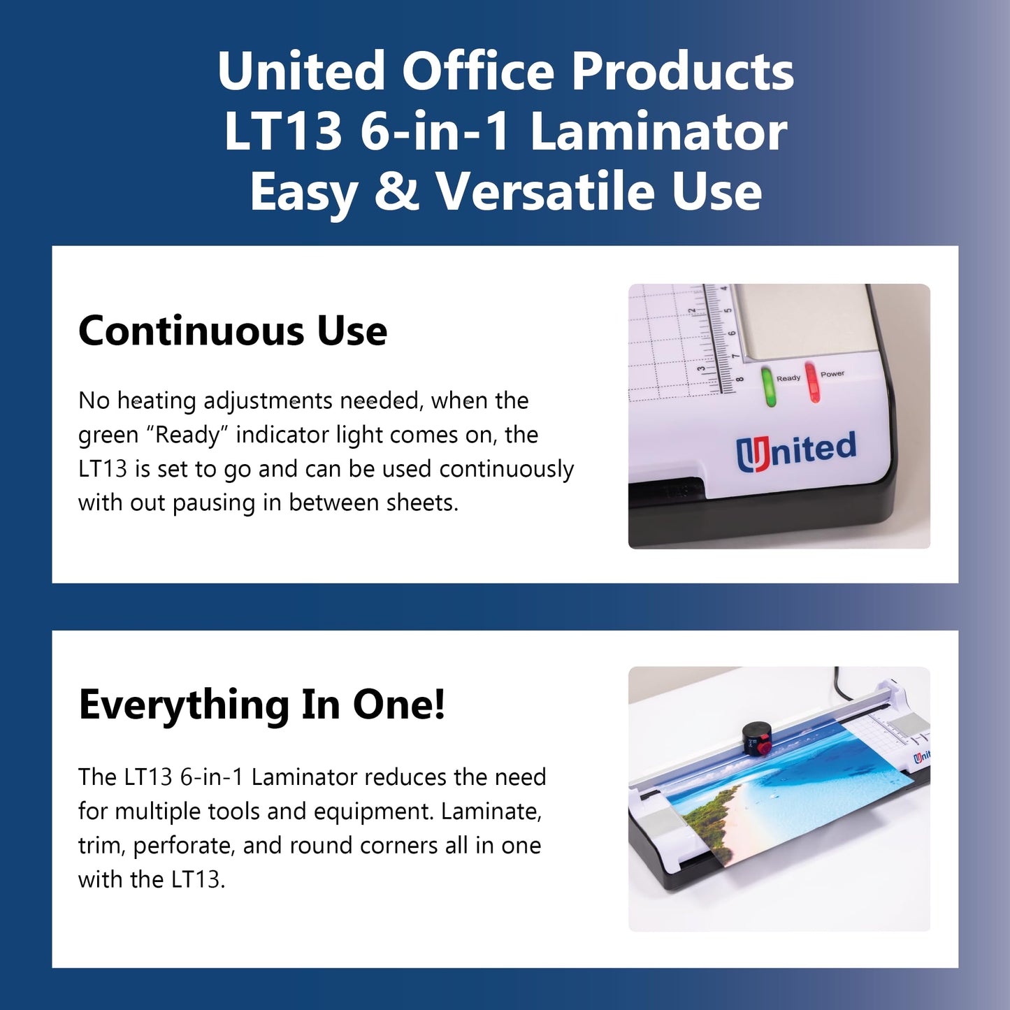 United Office Products LT13 6-in-1 Thermal & Cold Laminator with Paper Trimmer and Corner Rounder, 13” Width, Laminating Machine for Home, Office and Schools