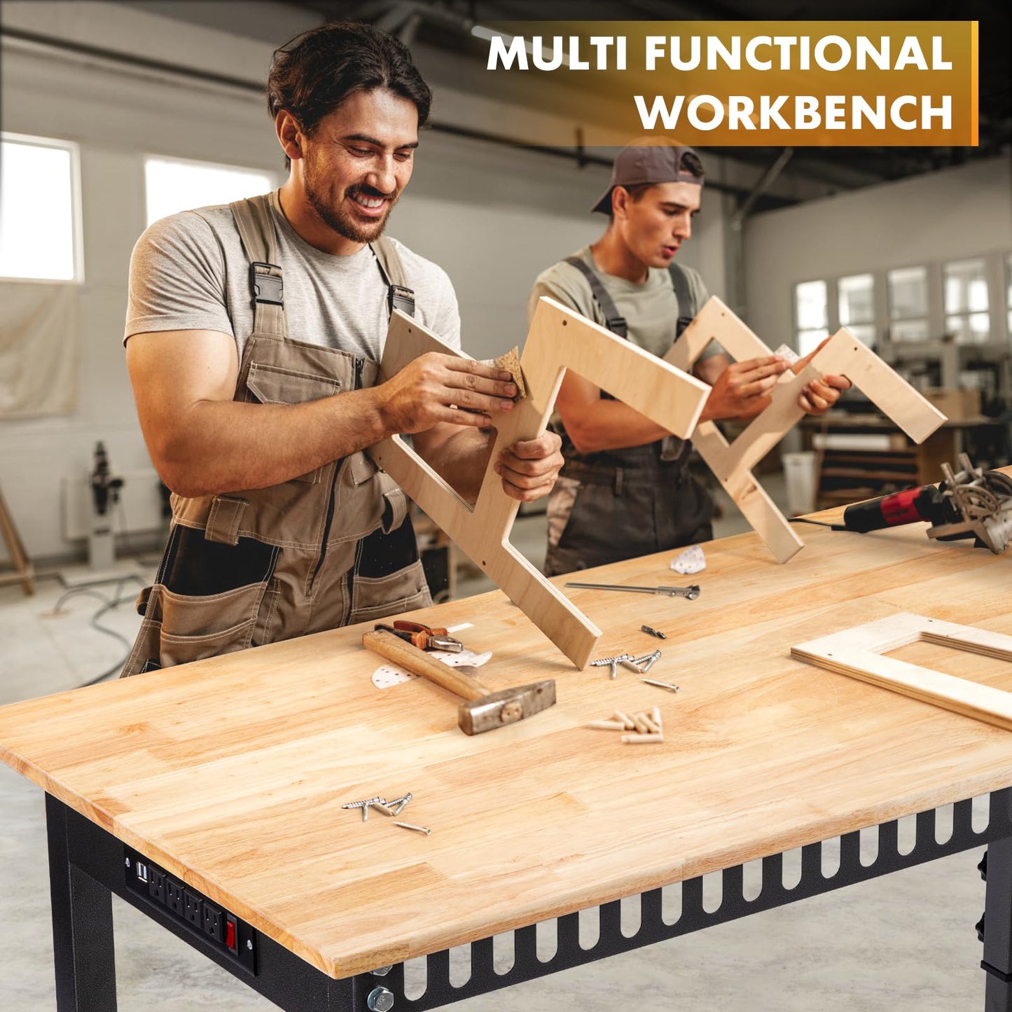 48" Height Adjustable Workbench, 2000 LBS Load Capacity Rubber Wood Top Workstation with Power Outlet and Foot Pads, Heavy-Duty Hardwood Worktable for Garage Workshop (with Foot Pads and Socket,48'')