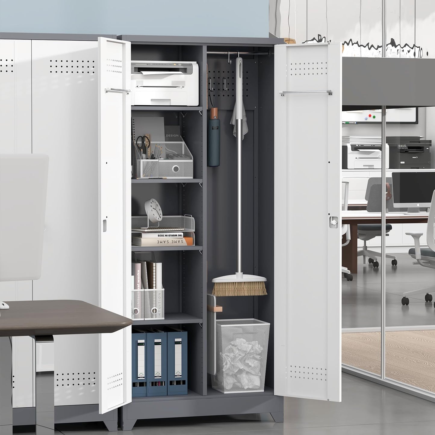 IRONFFICE Metal Storage Cabinets with Doors and Shelves,Tall Broom Closet Storage Cabinet with Pegboard,Utility Tool Cabinets,Steel Locking Cabinets for Home Office,Basement,Laundry,Grey-White