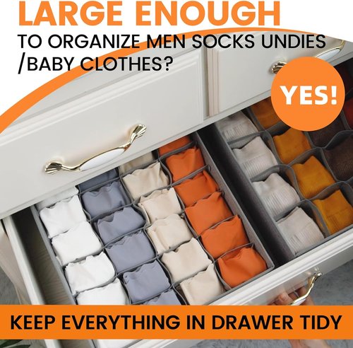 Criusia Sock Organizer - 64 Cell Fabric Drawer Dividers for Socks, Underwear & Ties | Gray