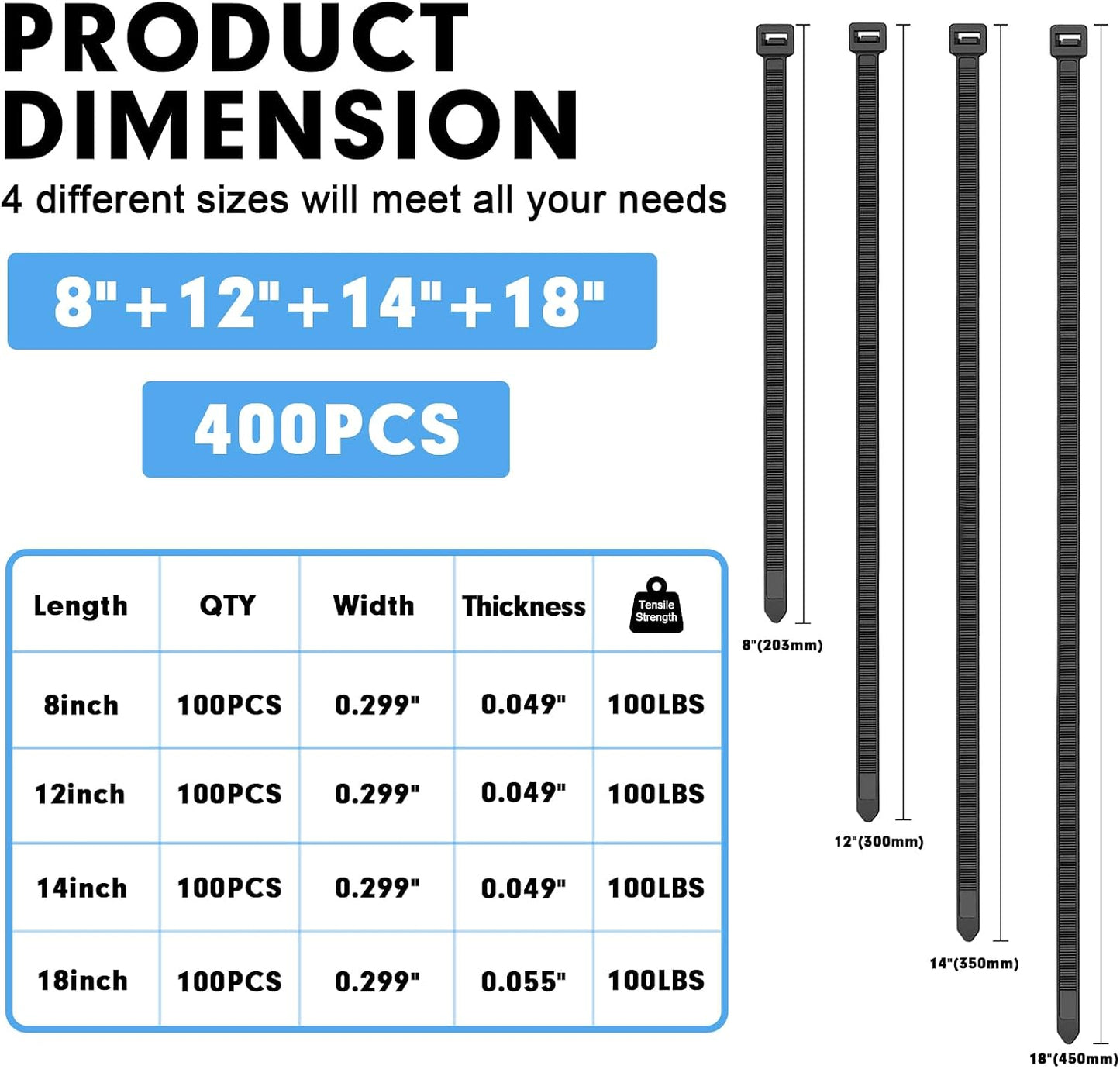 400 Pack (8+12+14+18Inch) 100lb Zip Ties Assorted Sizes, RAZCC Black Cable Ties, Self-Locking Plastic Wire Ties