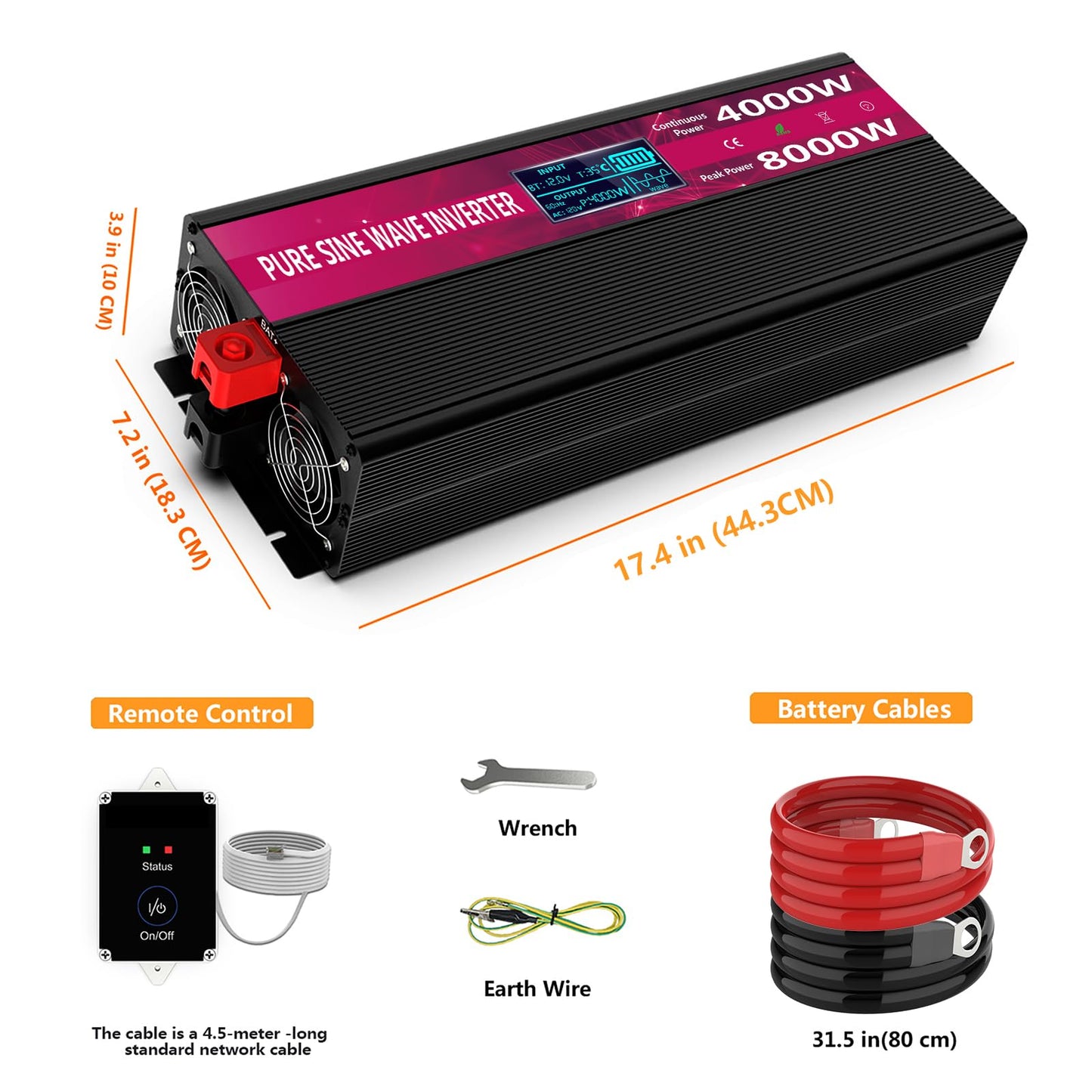 4000W Pure Sine Wave Power Inverter 12V DC to 110V/120V AC, 8000W Peak with Remote Control, 4 AC Outlets, Dual USB, LED Display, Heavy Duty Converter for RV, Truck, Solar System, Off-Grid & Emergency