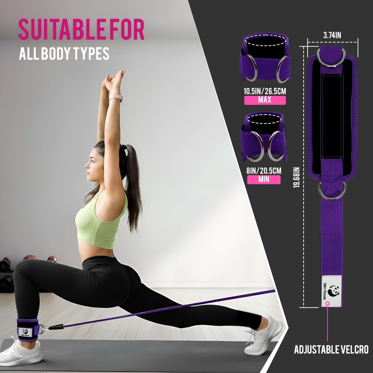 Slim Panda Ankle Strap for Cable Machine,Ankle Cuff for Kickbacks, Booty Hip Abductors,Glute Workouts, Leg Extensions, Curls for Men and Women, Adjustable with Double D-Rings (Purple)