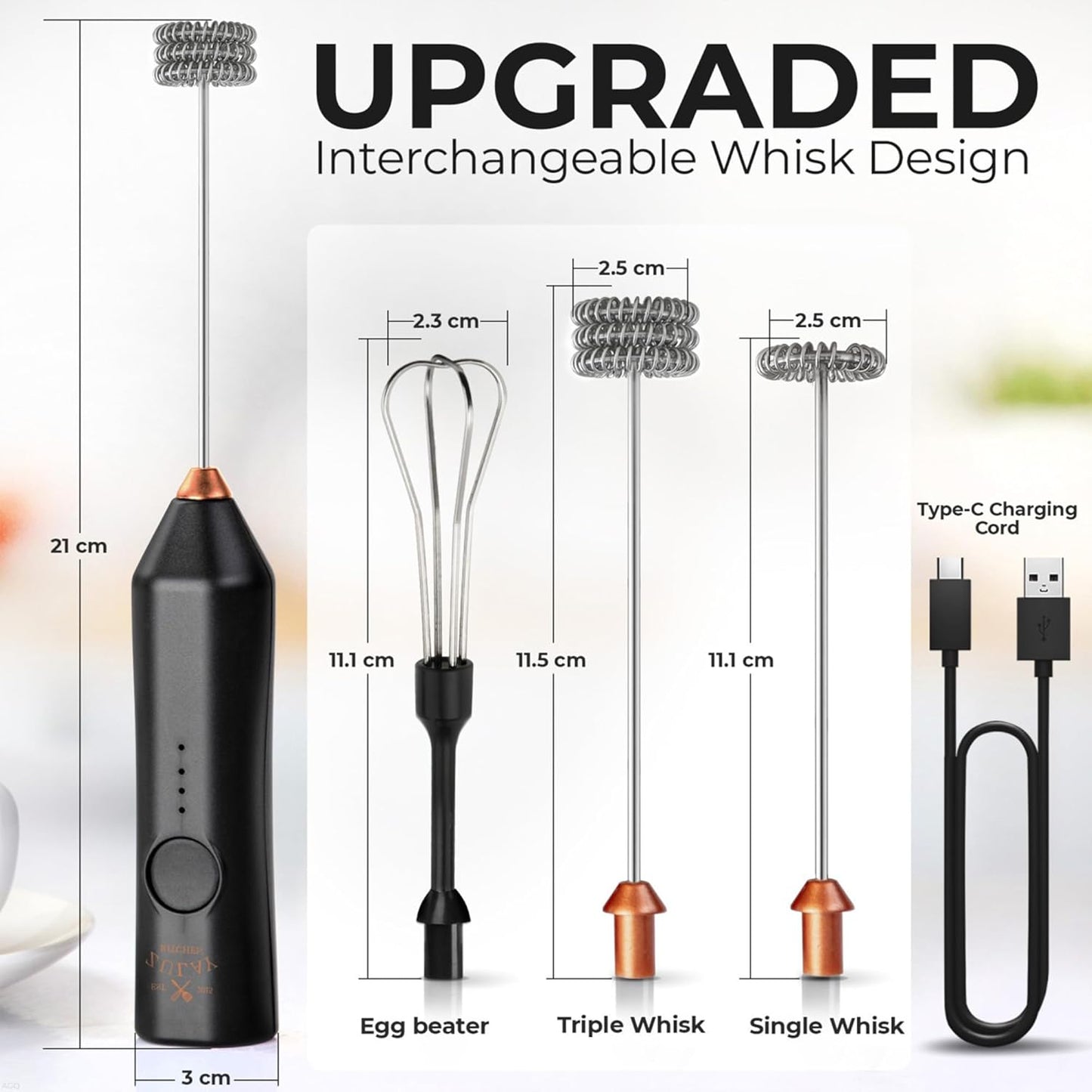 Zulay Kitchen Rechargeable Milk Frother - 3 Speeds & 3 Whisk Attachments - USB Charging for Lattes & Cappuccinos - Black Copper