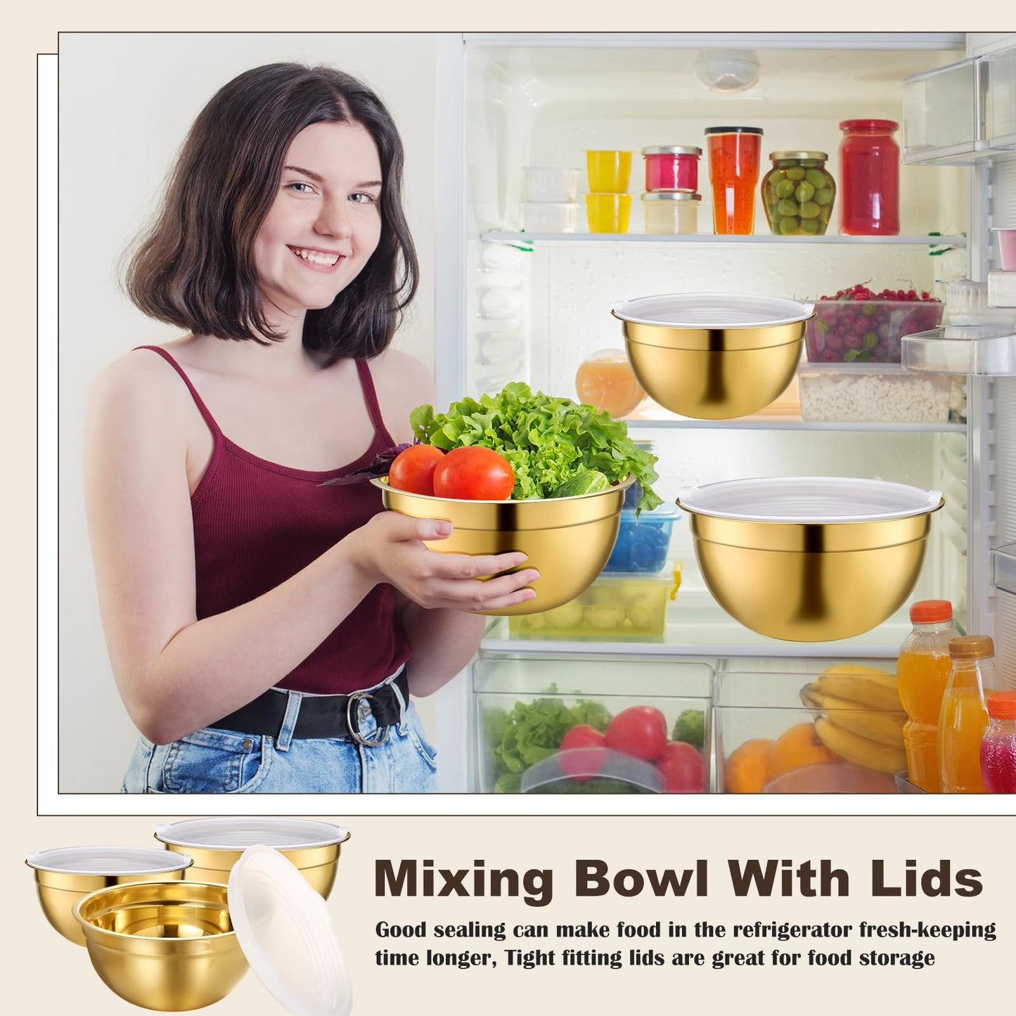 Baderke 6 Pcs Gold Kitchen Accessories Set Includes 3 Gold Mixing Bowls with Airtight Lids Stainless Steel Colander Grater Slicer and Fine Mesh Strainer(Mixing Bowls: 2.8/3.7/5 Qt, Colander: 4 Qt)