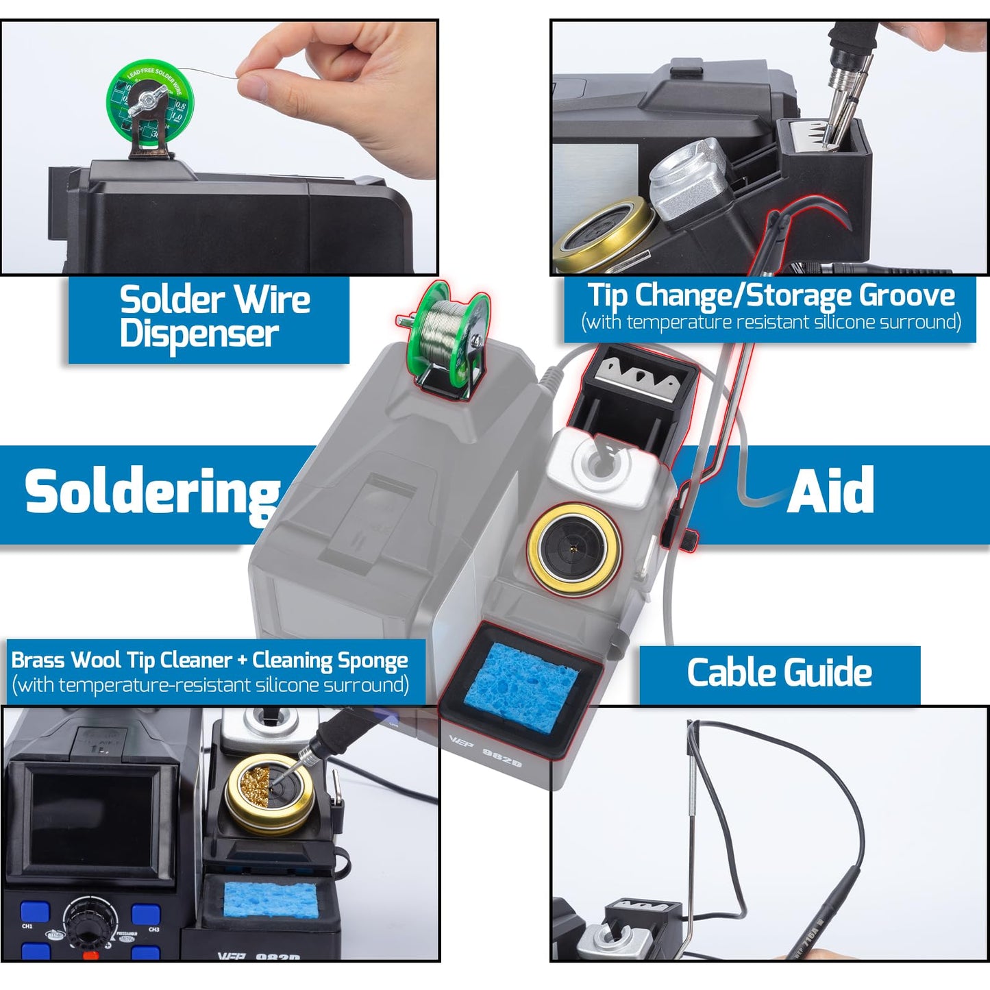 WEP 982D Precision Soldering Station with Automatic Calibration, Tiltable Screen, C245 C210 Compatible Soldering Iron Kit with 2 Spools Lead Free Solder Wire, 6 Soldering Cartridges