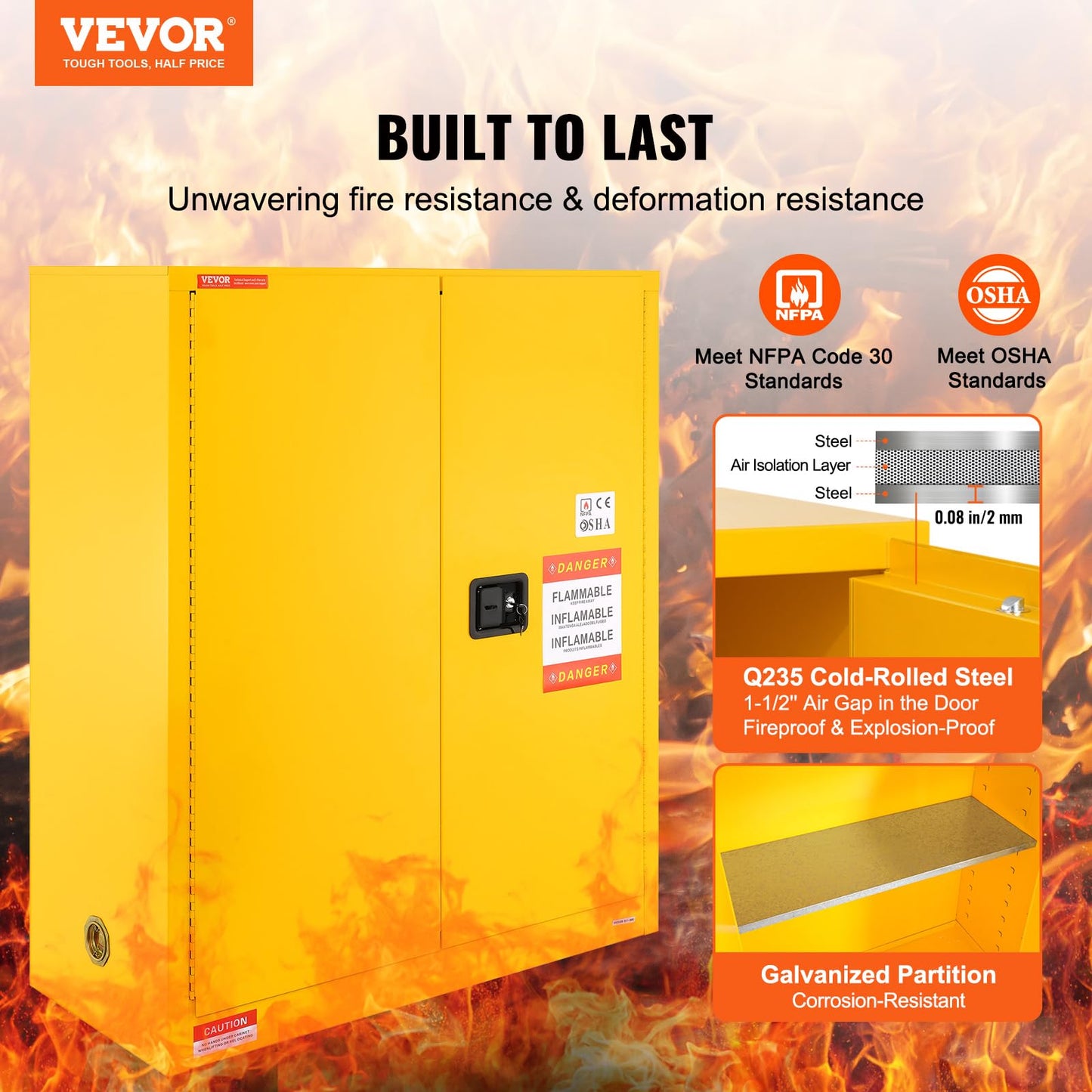 VEVOR Flammable Cabinet 18" x 43" x 50", Cold-Rolled Steel Flammable Liquid Storage Cabinet 34 Gal with 2 Adjustable Shelves/2 Manual Closing Doors for Industrial Use, Yellow